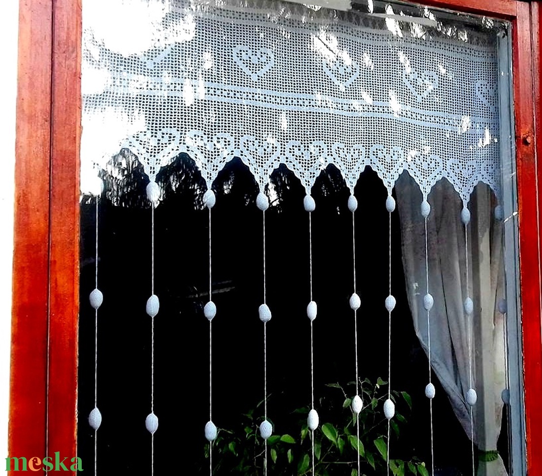 Dupla szivecskékkel.olvaszd a hógólyókat!-Csipkés,horgolt,fehér csipke függöny - otthon & életmód - lakástextil - függöny és kiegészítő - függöny - Meska.hu