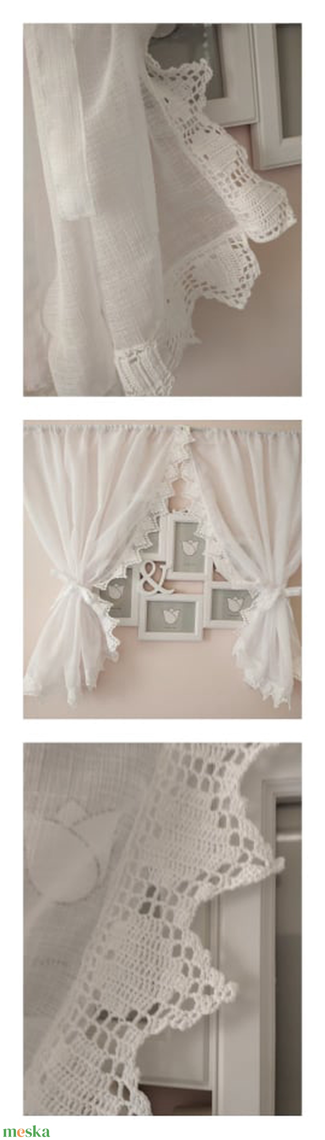 Fényszivecskék-- Hófehér,fényáteresztő  egyedi romantikus függöny,horgolt csipkés szíves mintás szegéllyel díszítve.. - otthon & életmód - lakástextil - függöny és kiegészítő - függöny - Meska.hu
