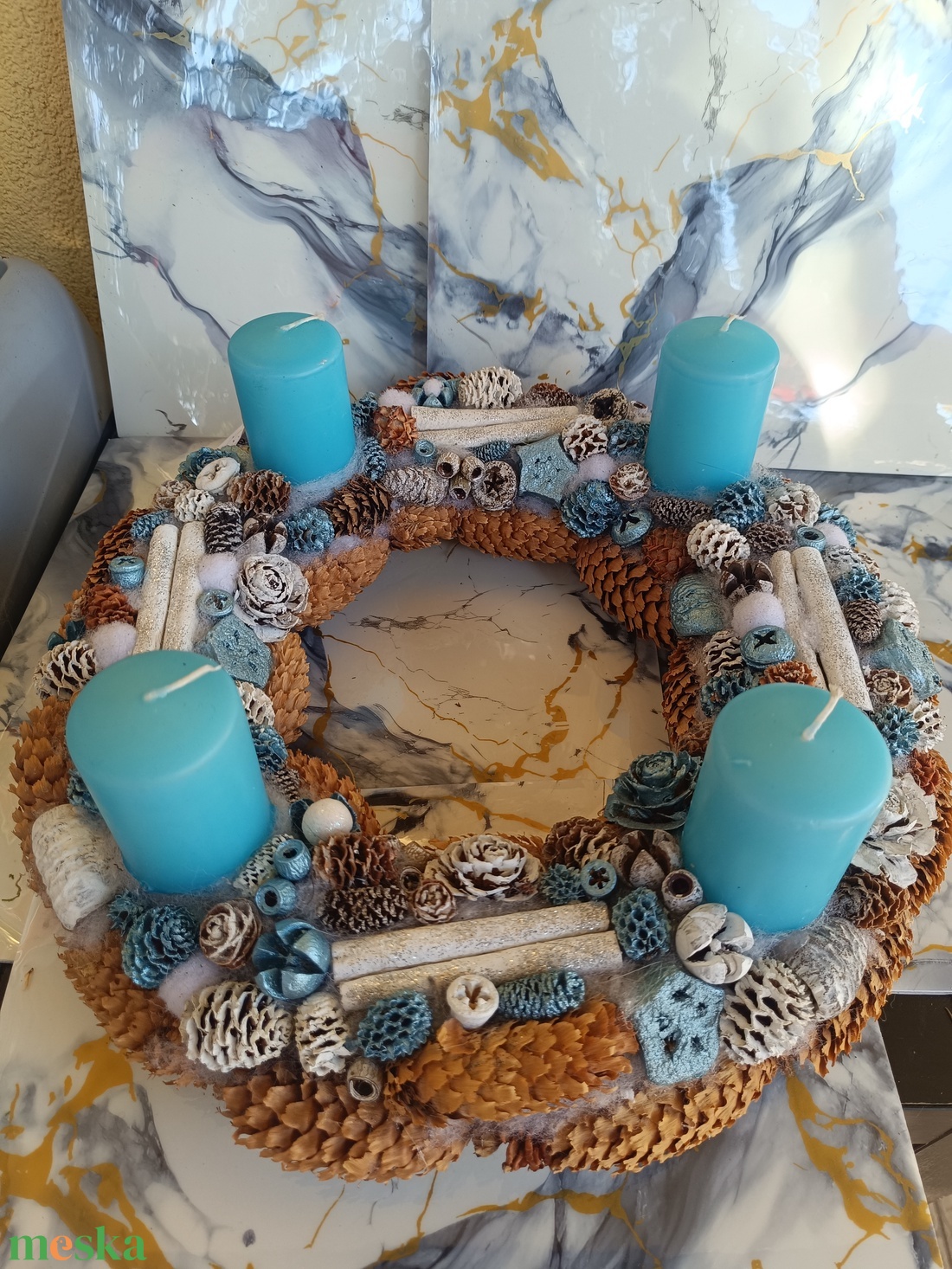 Kék adventi karácsonyi asztaldísz - karácsony - adventi díszek - adventi koszorú - Meska.hu