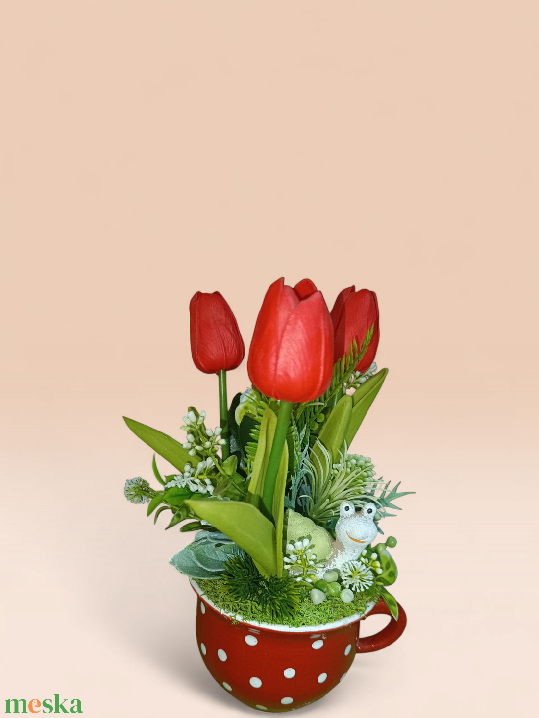 Piros pöttyös tavaszi asztaldísz - otthon & életmód - dekoráció - asztal és polc dekoráció - asztaldísz - Meska.hu