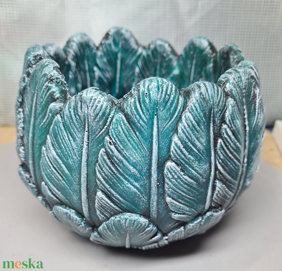 Türkiz, dombor levél mintás kaspó  - otthon & életmód - dekoráció - asztal és polc dekoráció - dekorációs tál, tartó - Meska.hu