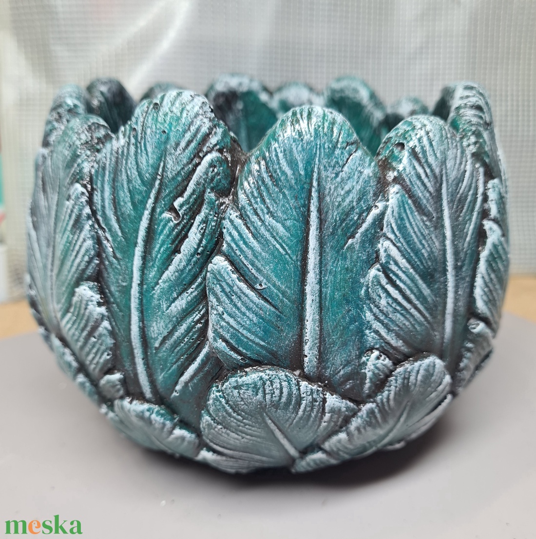 Türkiz, dombor levél mintás kaspó  - otthon & életmód - dekoráció - asztal és polc dekoráció - dekorációs tál, tartó - Meska.hu