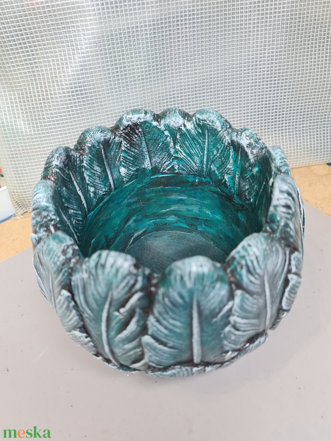 Türkiz, dombor levél mintás kaspó  - otthon & életmód - dekoráció - asztal és polc dekoráció - dekorációs tál, tartó - Meska.hu