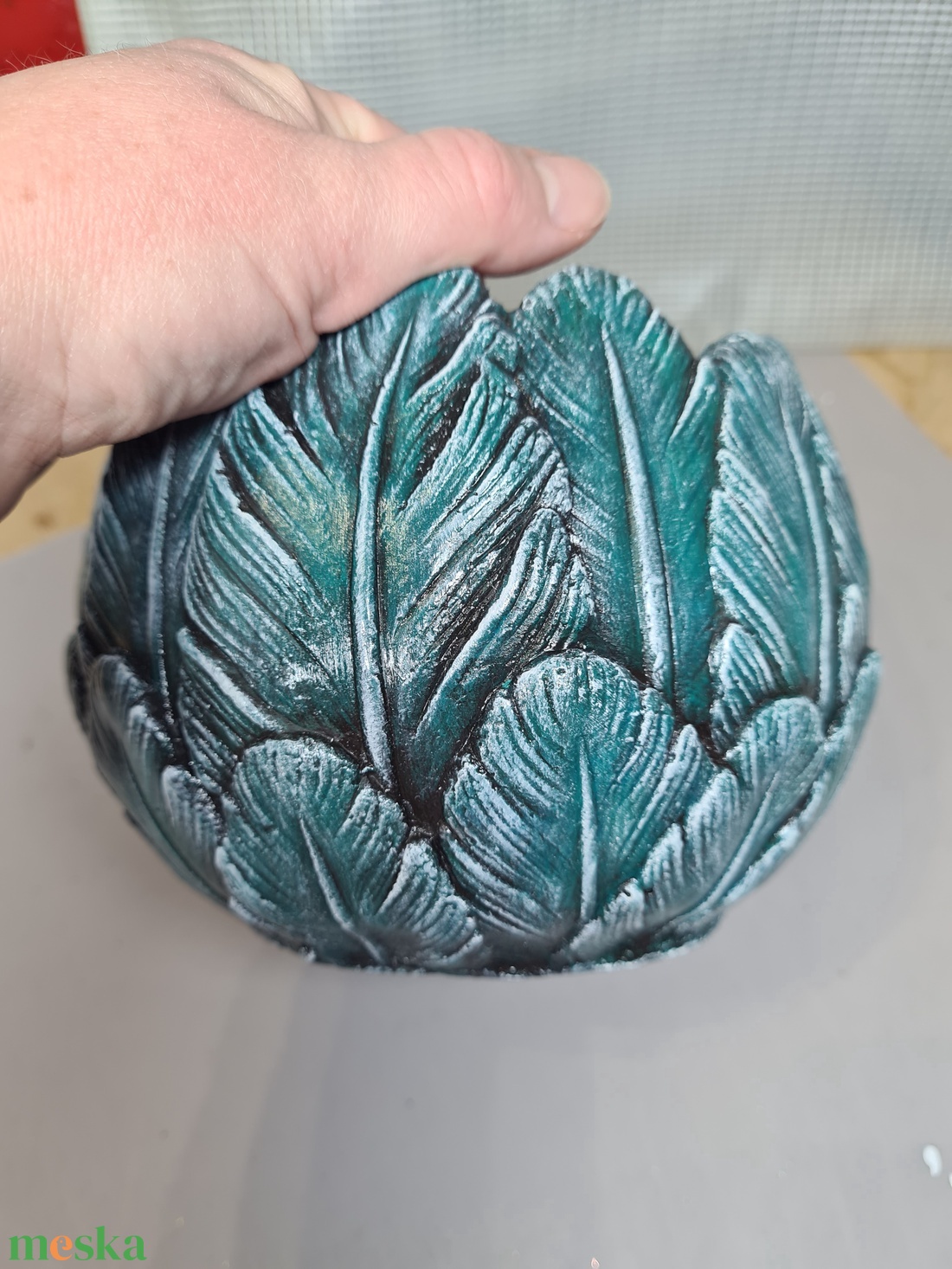 Türkiz, dombor levél mintás kaspó  - otthon & életmód - dekoráció - asztal és polc dekoráció - dekorációs tál, tartó - Meska.hu