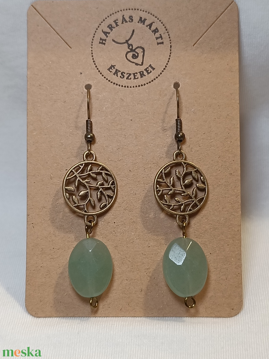 Díszes bronz fülbevaló aventurinnal - ékszer - fülbevaló - lógó fülbevaló - Meska.hu