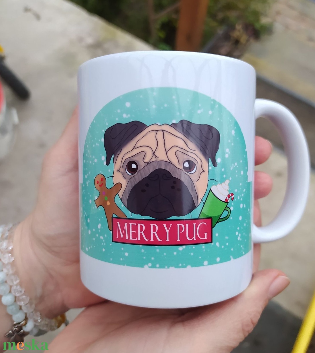 Merry pug mopsz kutyás karácsonyi bögre - otthon & lakás - konyhafelszerelés, tálalás - tálalás - bögre & csésze - Meska.hu