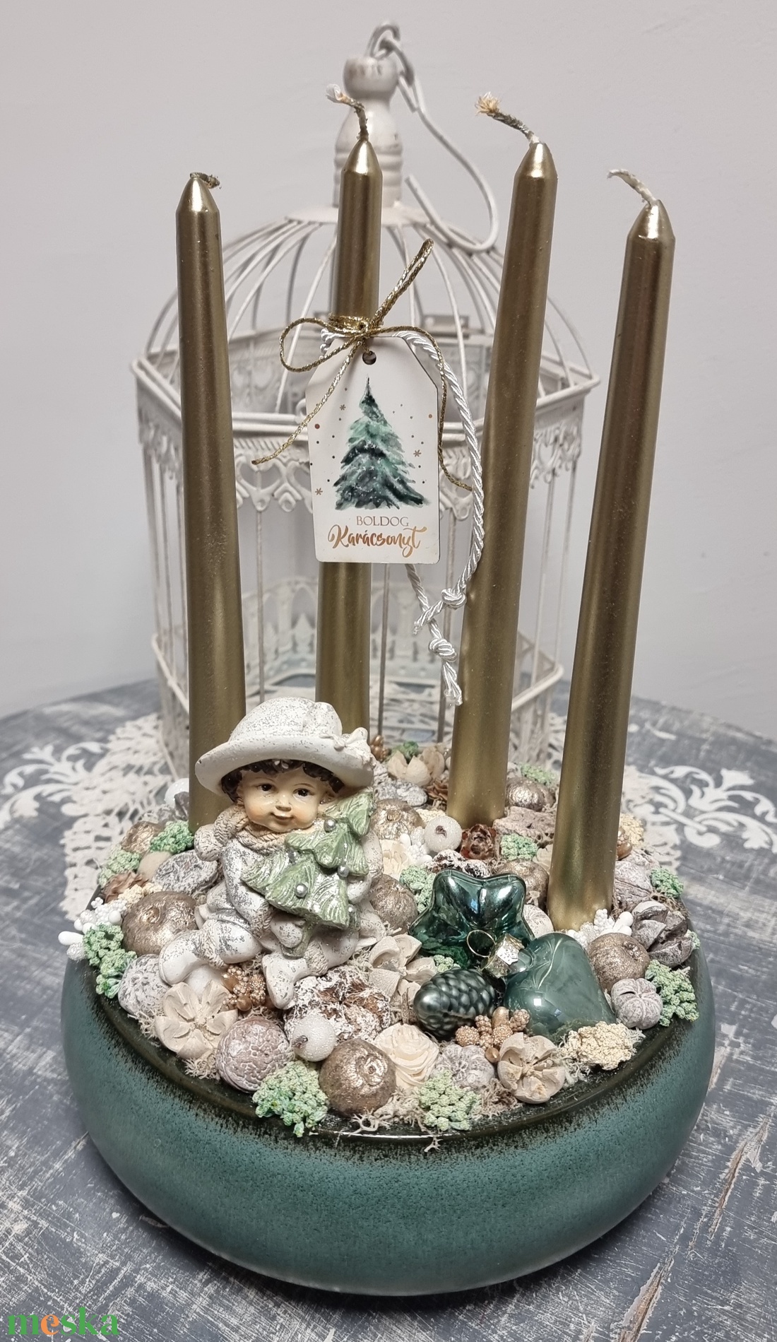 Zöld-arany adventi tál - karácsony - karácsonyi lakásdekoráció - ünnepi asztaldekoráció - Meska.hu