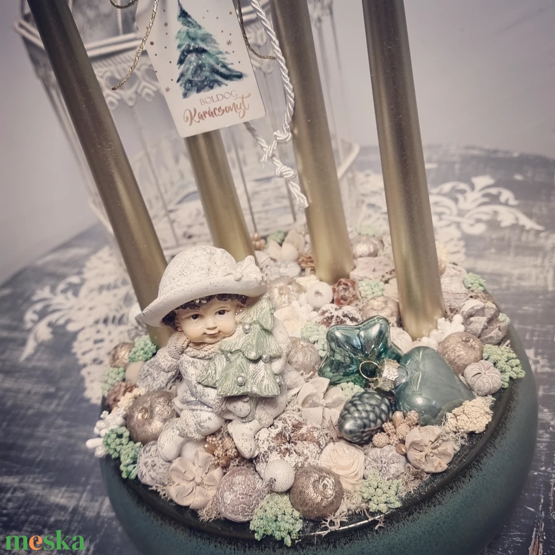 Zöld-arany adventi tál - karácsony - karácsonyi lakásdekoráció - ünnepi asztaldekoráció - Meska.hu