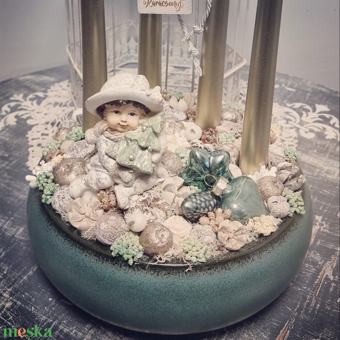 Zöld-arany adventi tál - karácsony - karácsonyi lakásdekoráció - ünnepi asztaldekoráció - Meska.hu