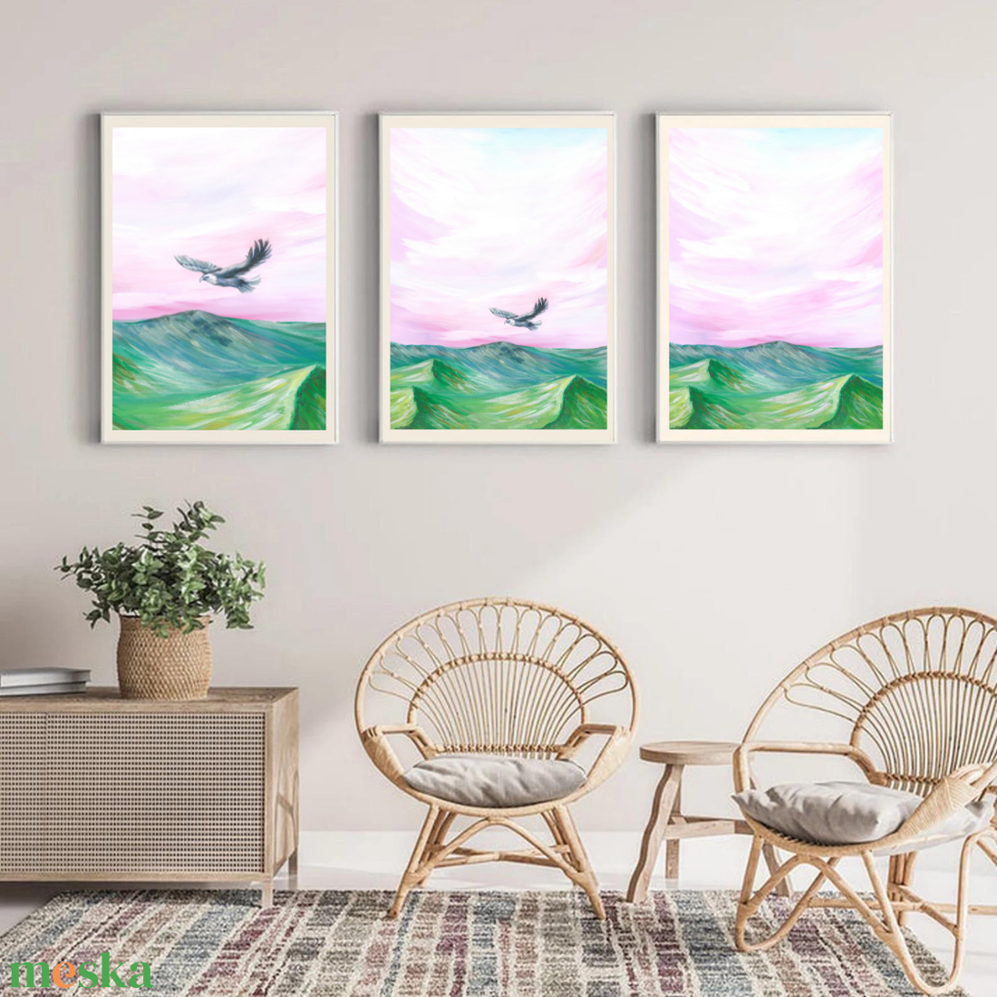 RÓZSASZÍN KILÁTÁS - festmény szett 3 darabos, Art print eredeti MADARAS festményem alapján  - otthon & életmód - dekoráció - kép & falikép - több részes kép - Meska.hu