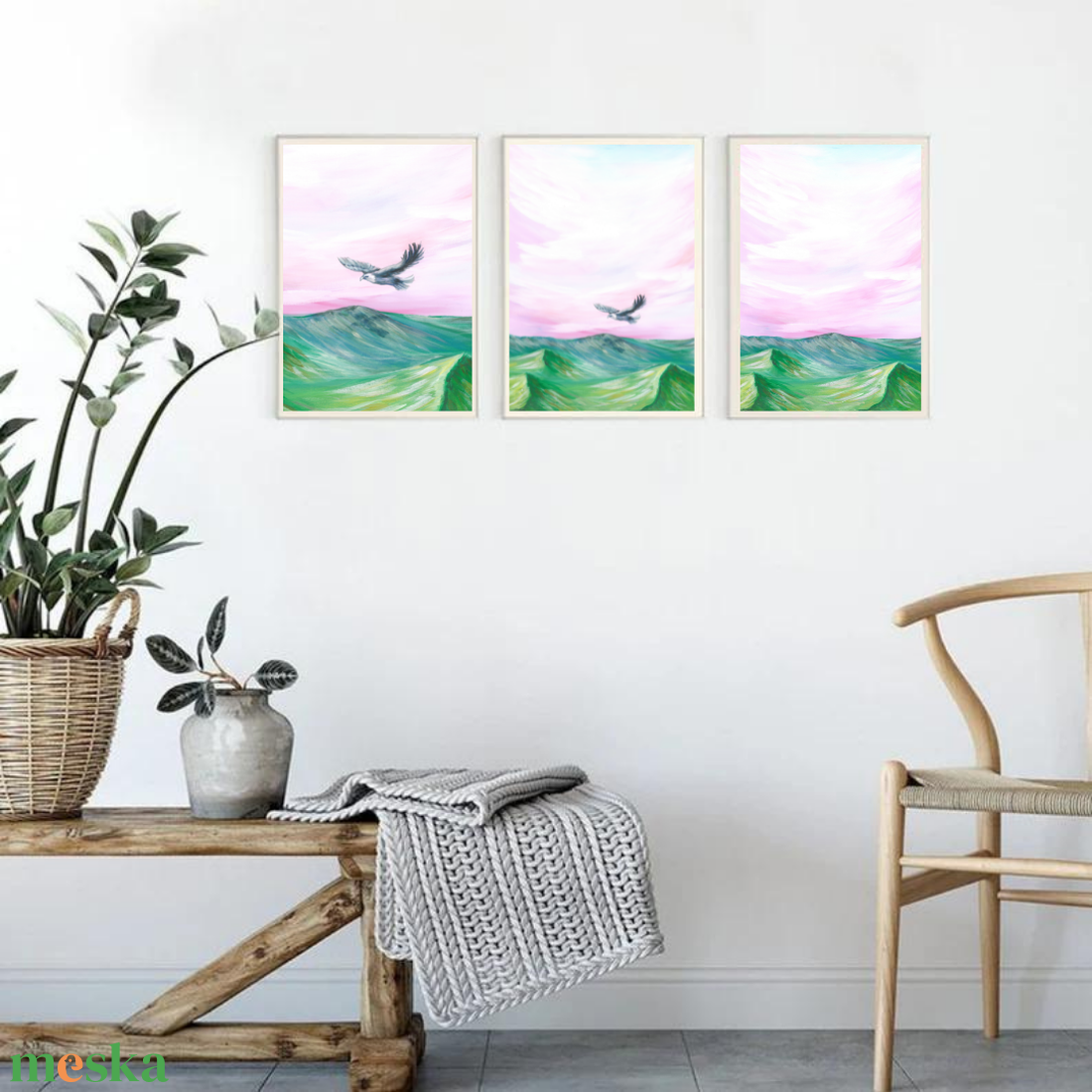 RÓZSASZÍN KILÁTÁS - festmény szett 3 darabos, Art print eredeti MADARAS festményem alapján  - otthon & életmód - dekoráció - kép & falikép - több részes kép - Meska.hu