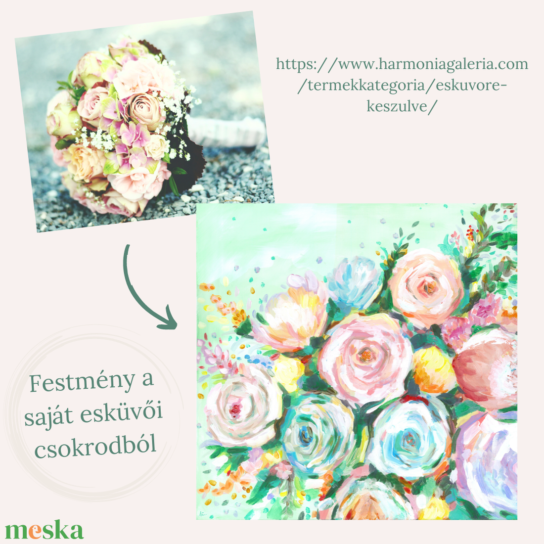 Saját esküvői csokor megfestése fotó alapján, Csokorból műalkotás, Eredeti, egyedi virágcsokor akril festmény - esküvő - menyasszonyi- és dobócsokor - Meska.hu