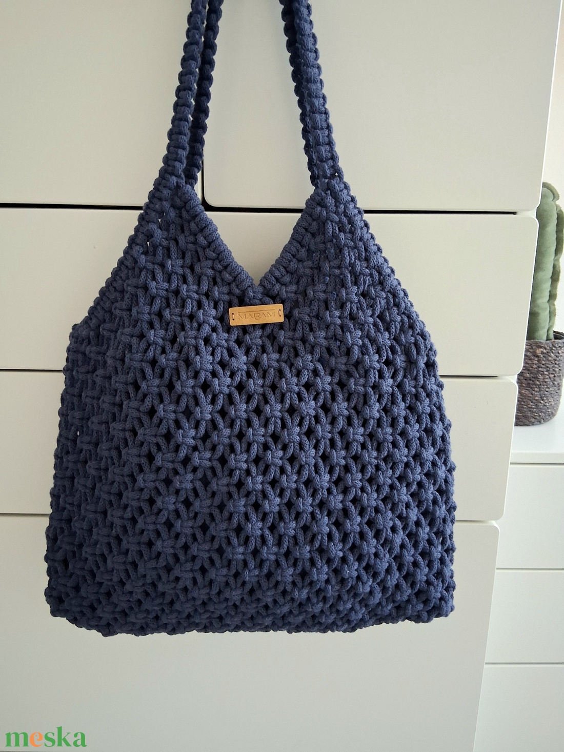 Farmerkék színű makramé táska, válltáska - táska & tok - kézitáska & válltáska - válltáska - Meska.hu