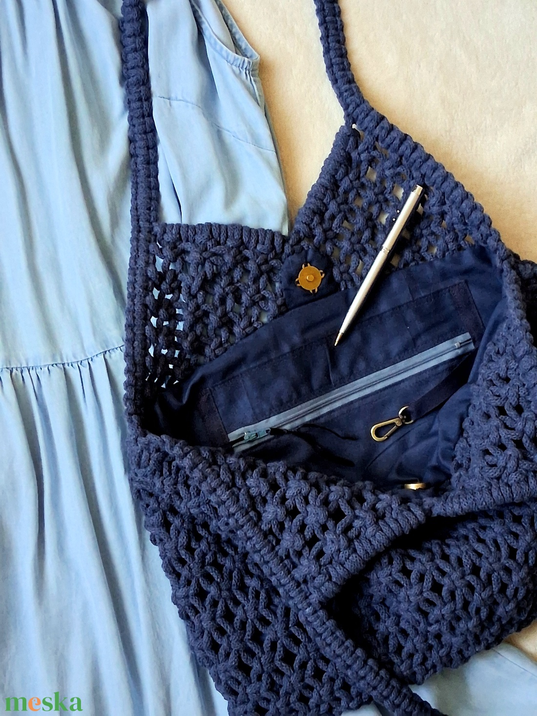 Farmerkék színű makramé táska, válltáska - táska & tok - kézitáska & válltáska - válltáska - Meska.hu