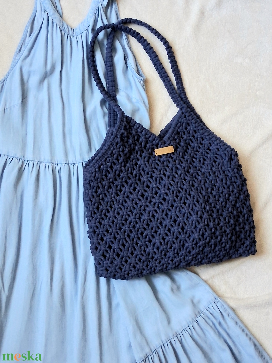 Farmerkék színű makramé táska, válltáska - táska & tok - kézitáska & válltáska - válltáska - Meska.hu