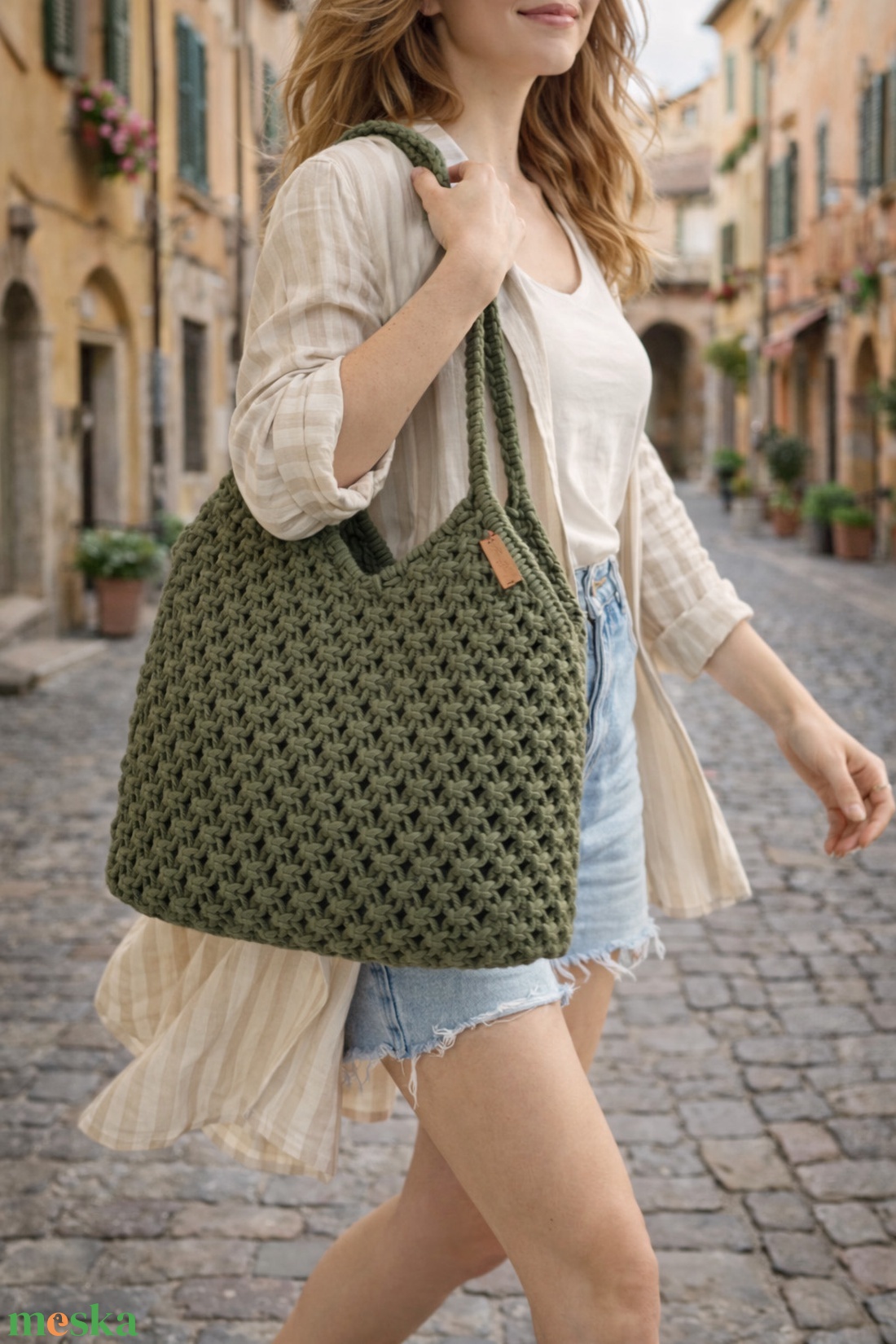 Keki színű makramé táska, válltáska - táska & tok - kézitáska & válltáska - válltáska - Meska.hu
