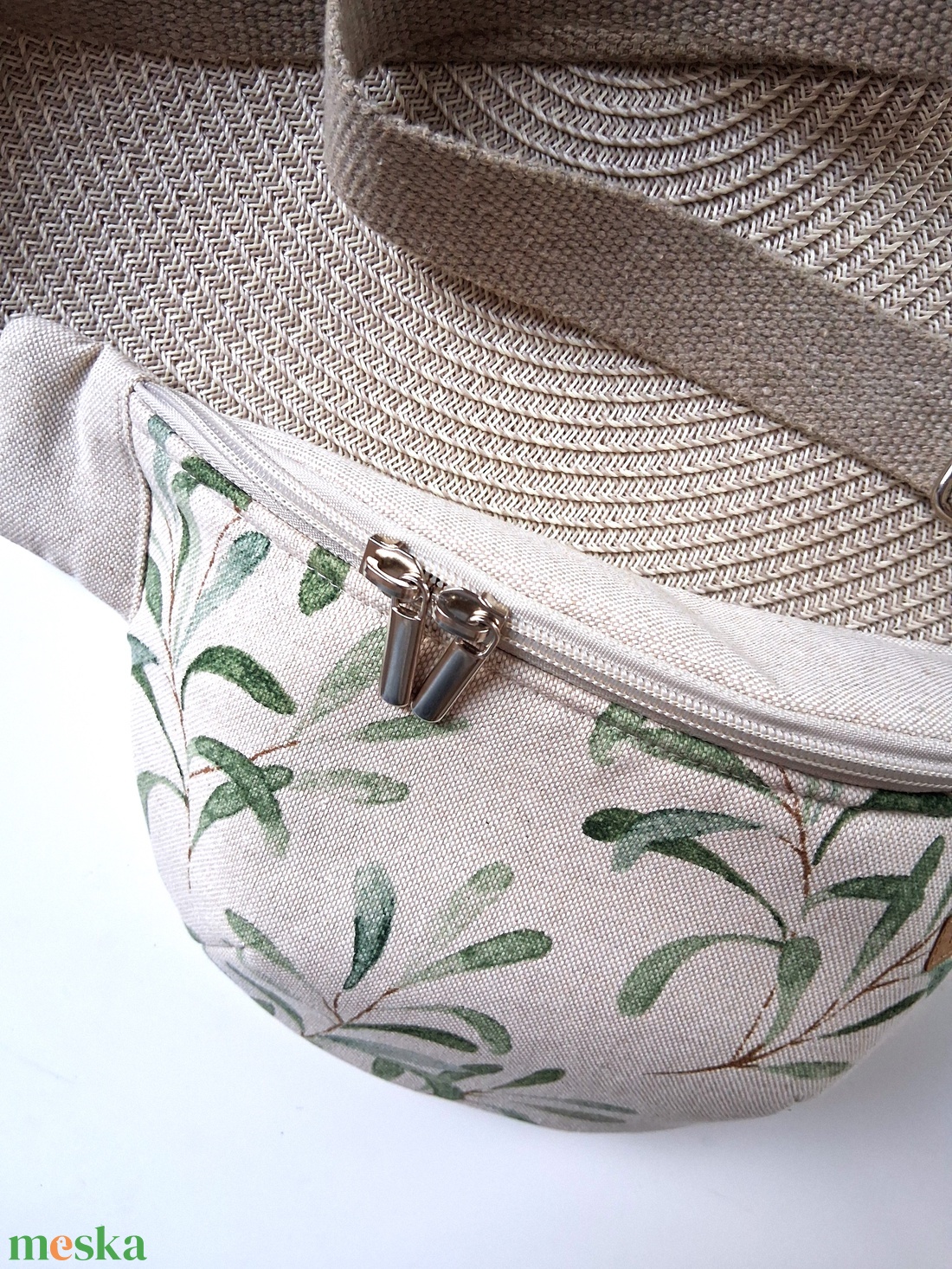 Zöld levélmintás, bézs vászon Övtáska, Kistáska, Crossbody - táska & tok - övtáska - Meska.hu