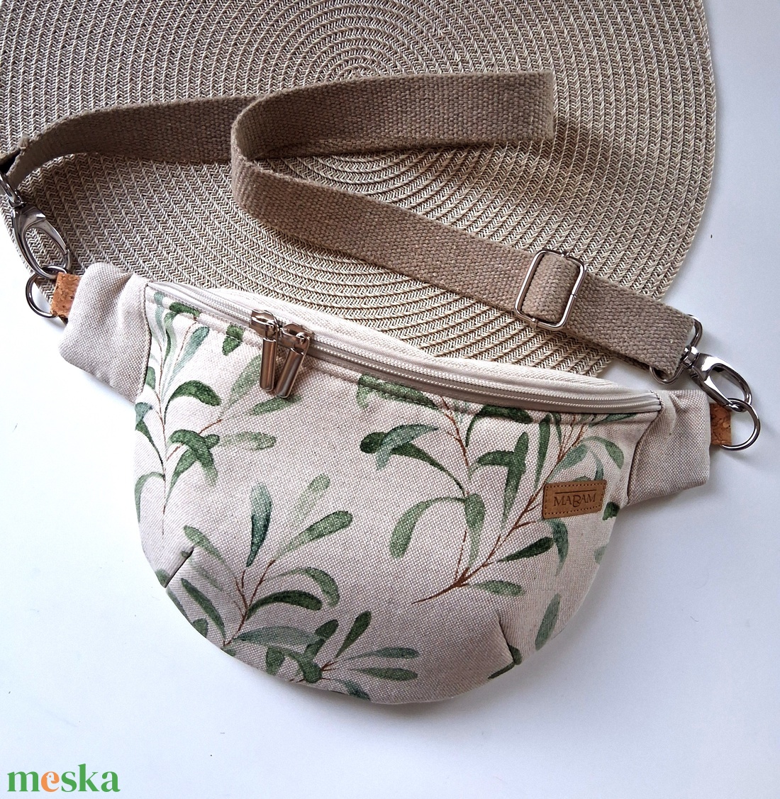 Zöld levélmintás, bézs vászon Övtáska, Kistáska, Crossbody - táska & tok - övtáska - Meska.hu