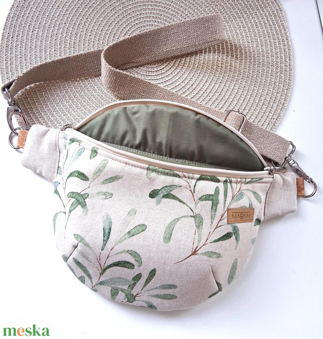 Zöld levélmintás, bézs vászon Övtáska, Kistáska, Crossbody - táska & tok - övtáska - Meska.hu