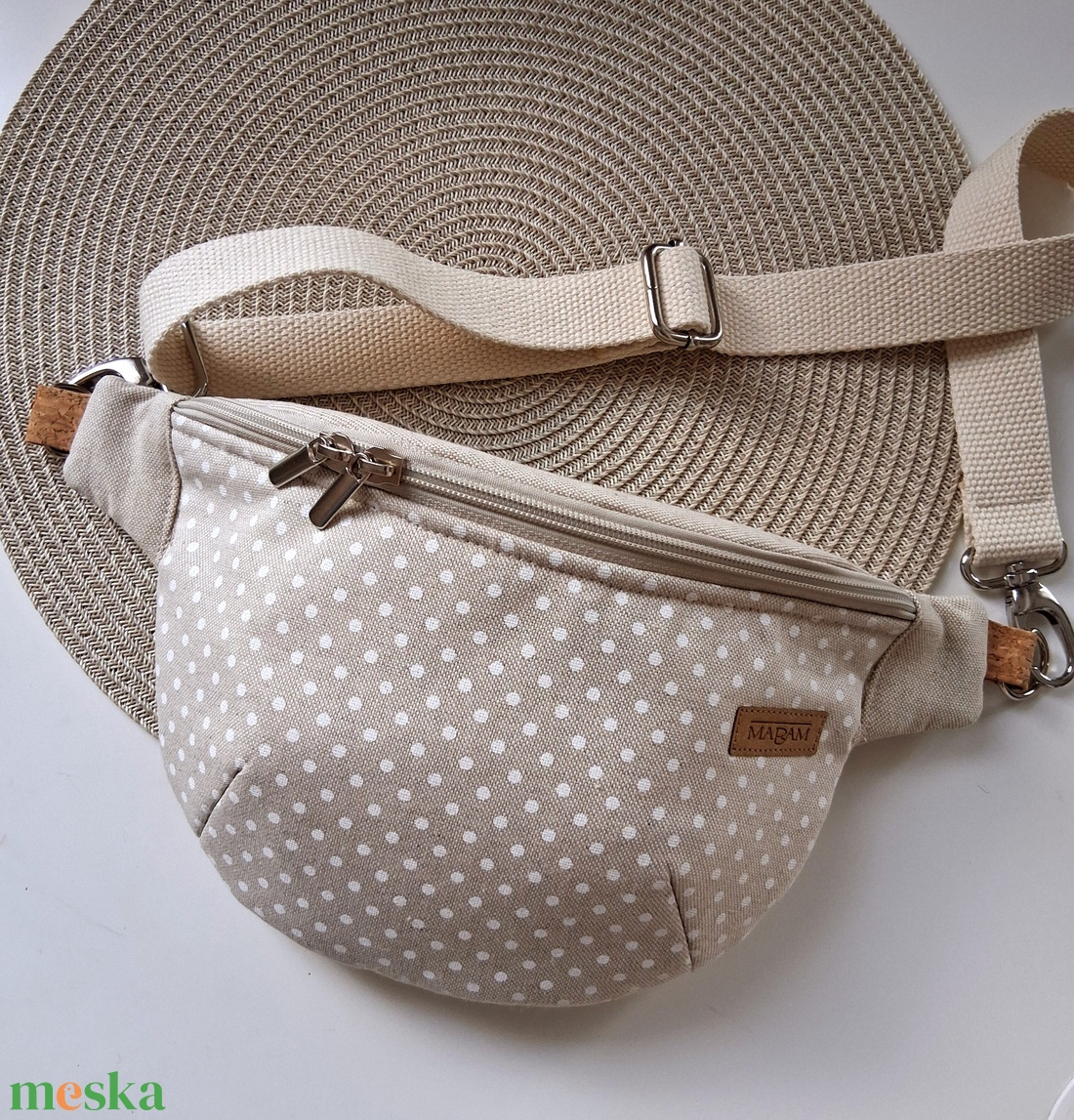 Pöttyös, bézs vászon Övtáska, Kistáska, Crossbody - táska & tok - övtáska - Meska.hu