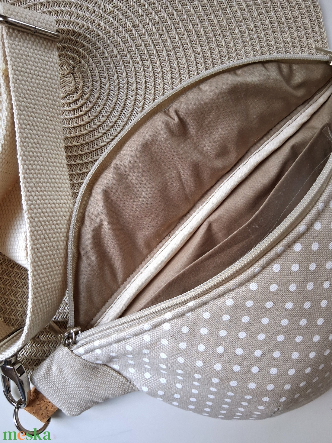 Pöttyös, bézs vászon Övtáska, Kistáska, Crossbody - táska & tok - övtáska - Meska.hu