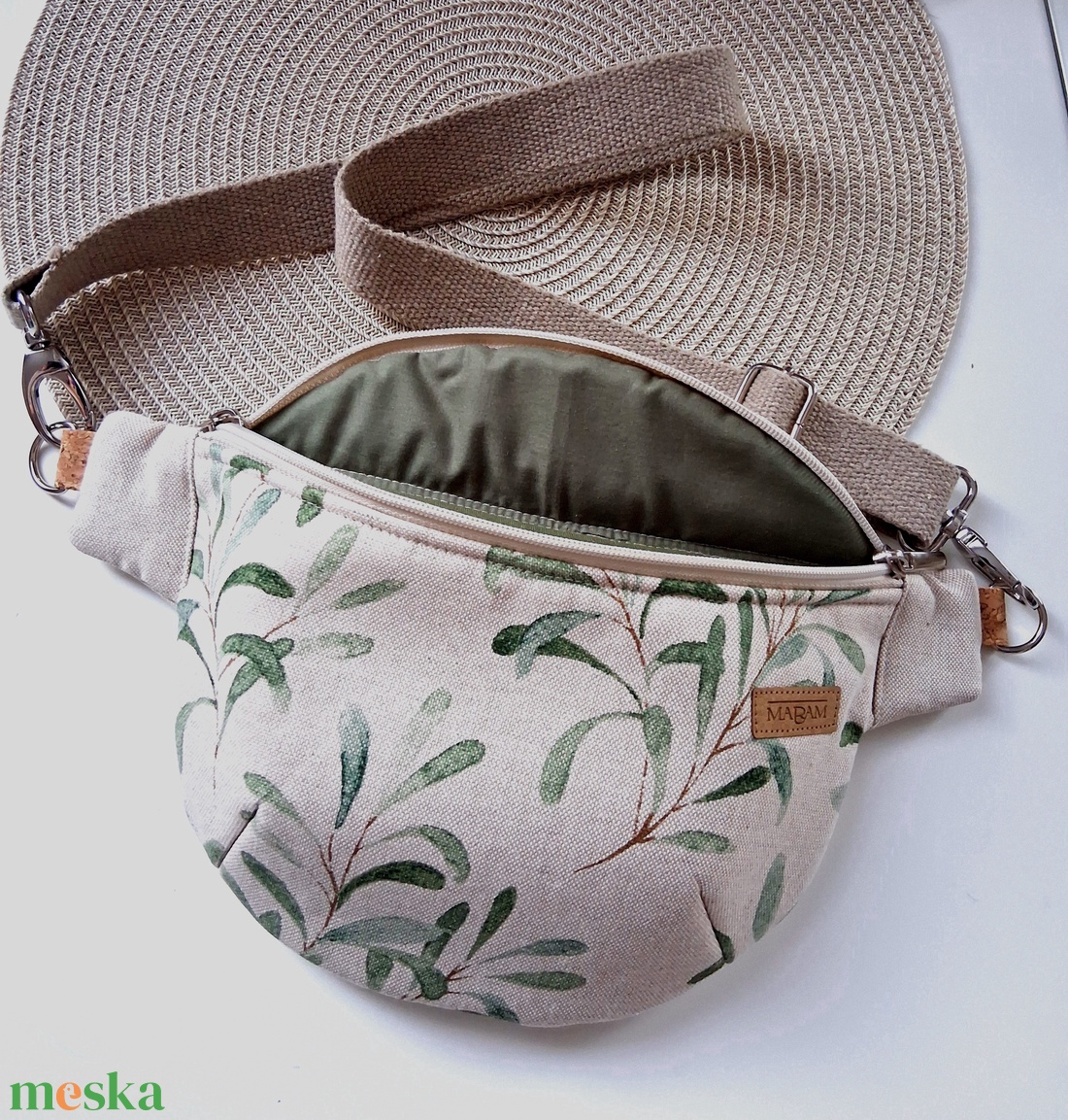 Zöld levélmintás, bézs vászon Övtáska, Kistáska, Crossbody - táska & tok - övtáska - Meska.hu