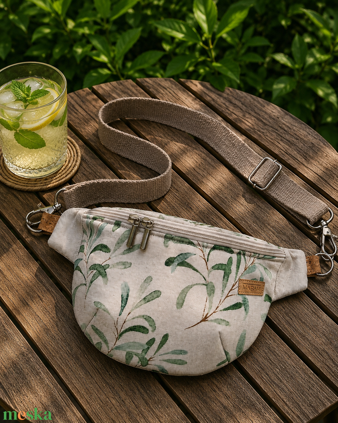 Zöld levélmintás, bézs vászon Övtáska, Kistáska, Crossbody - táska & tok - övtáska - Meska.hu