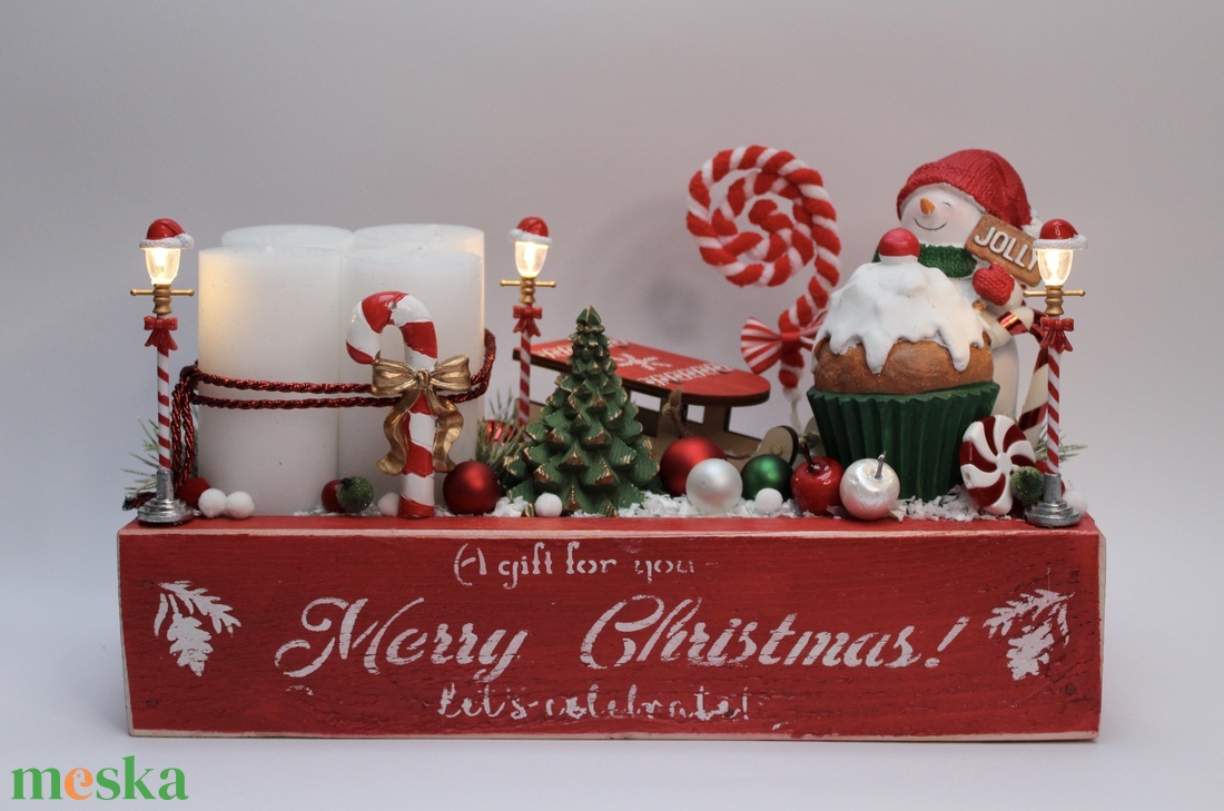 Karácsonyi láda hóemberes világító dekoráció - karácsony - adventi díszek - adventi asztaldísz - Meska.hu