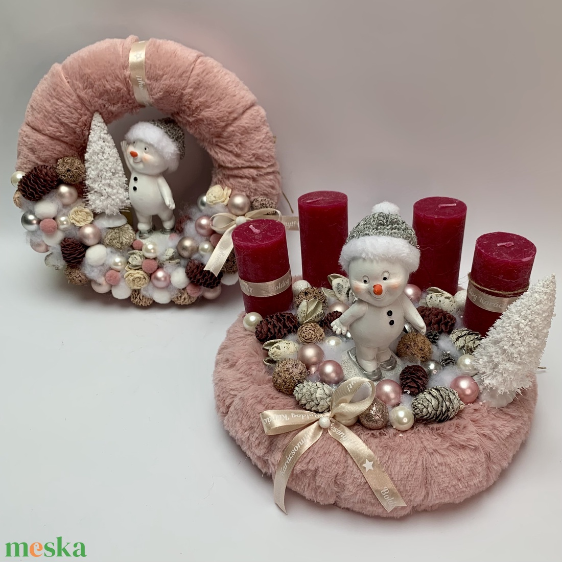 Rózsaszín alapú hóemberes szett - karácsony - adventi díszek - adventi asztaldísz - Meska.hu