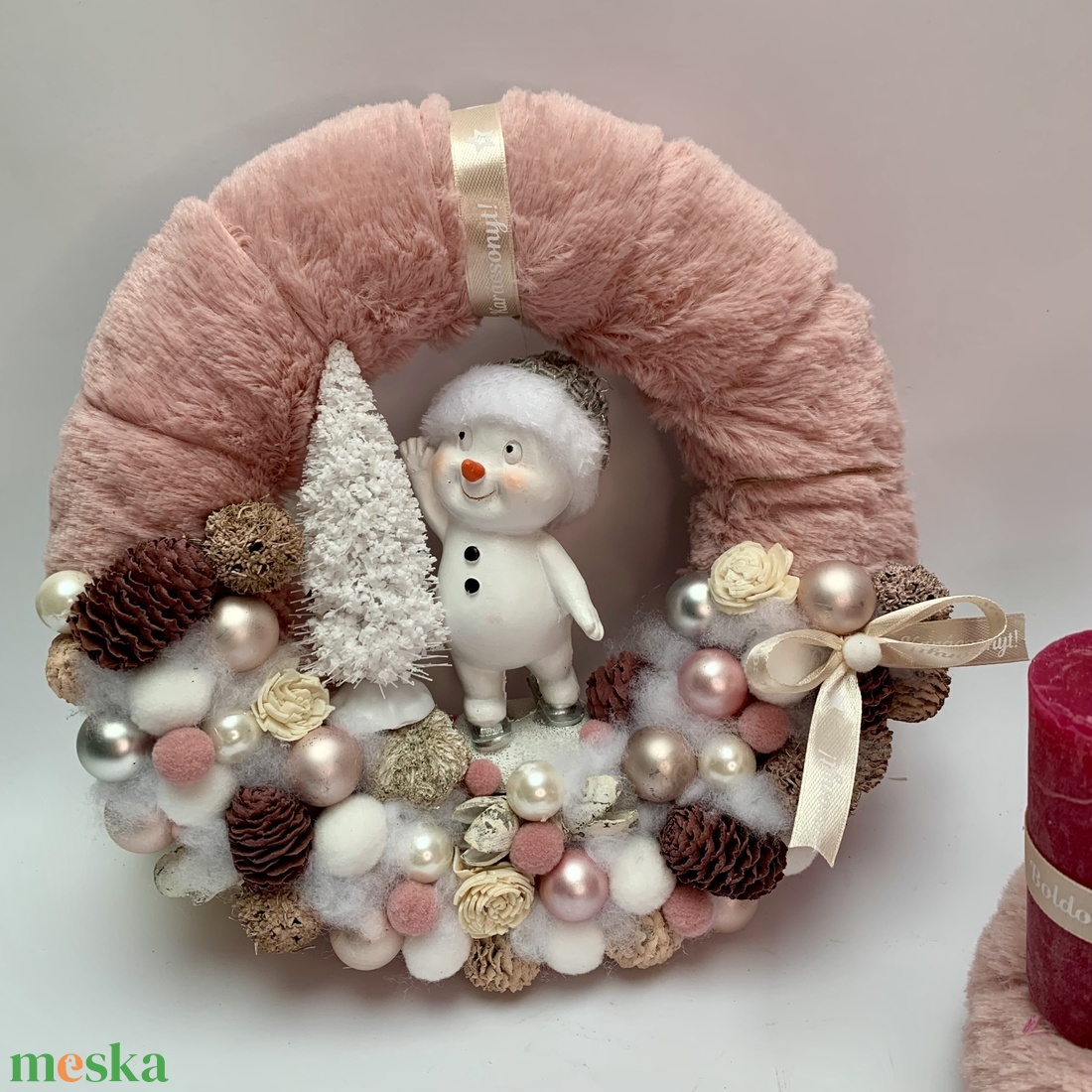 Rózsaszín alapú hóemberes szett - karácsony - adventi díszek - adventi asztaldísz - Meska.hu