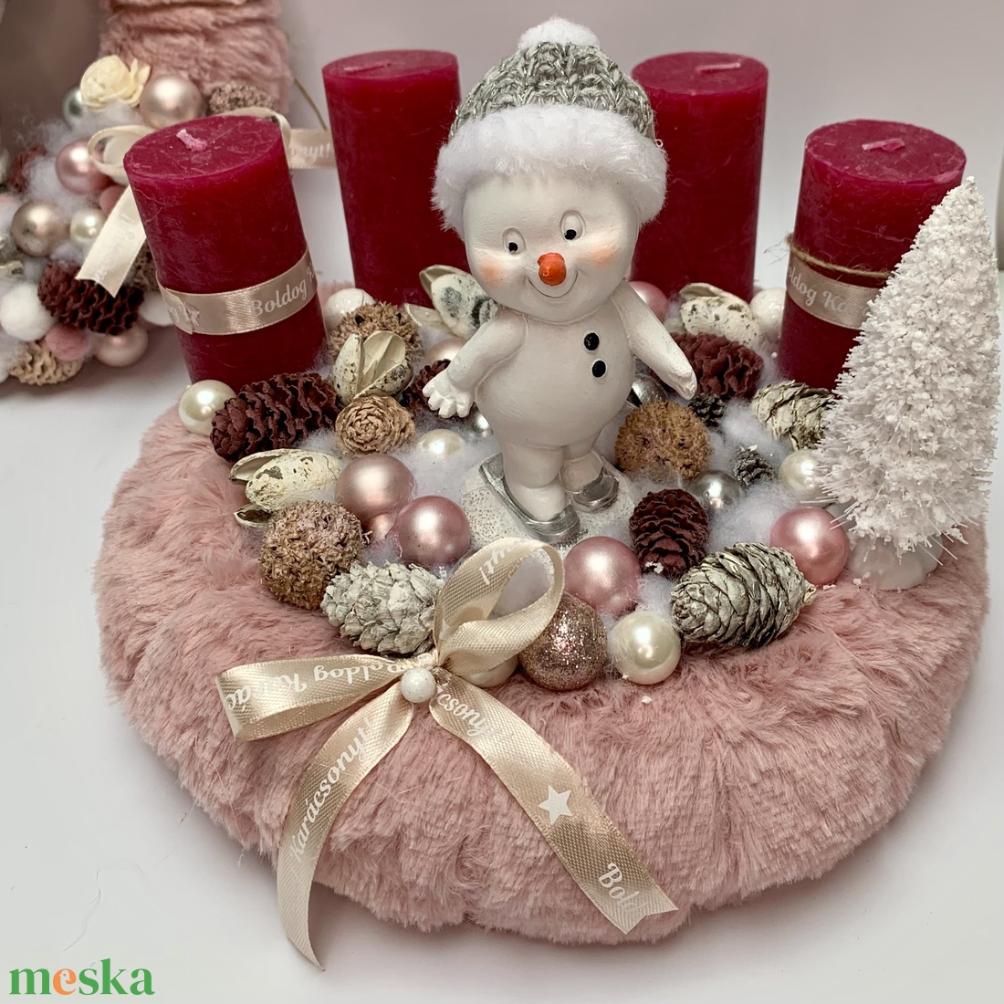 Rózsaszín alapú hóemberes szett - karácsony - adventi díszek - adventi asztaldísz - Meska.hu