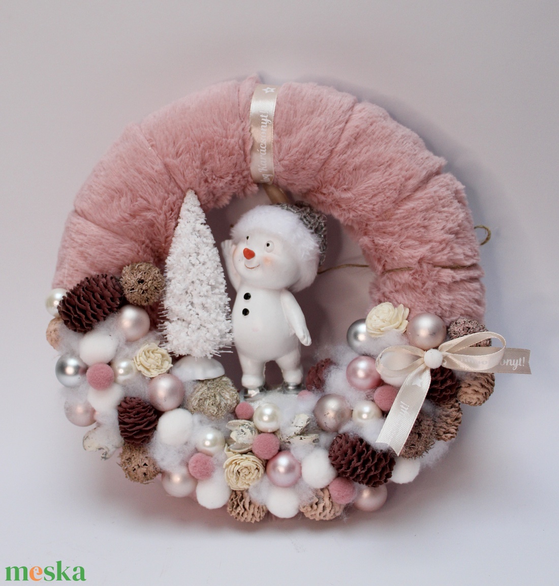Rózsaszín alapú hóemberes szett - karácsony - adventi díszek - adventi asztaldísz - Meska.hu