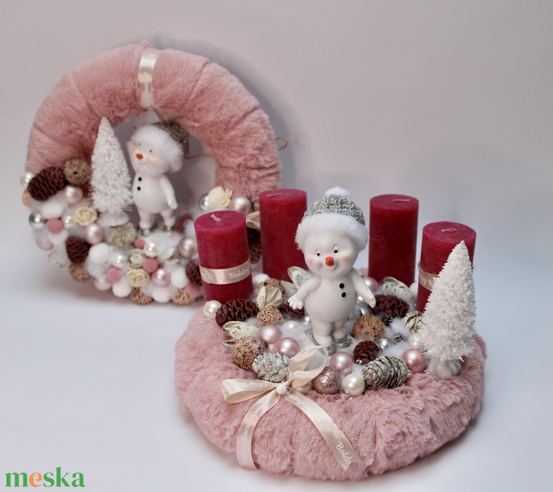 Rózsaszín alapú hóemberes szett - karácsony - adventi díszek - adventi asztaldísz - Meska.hu