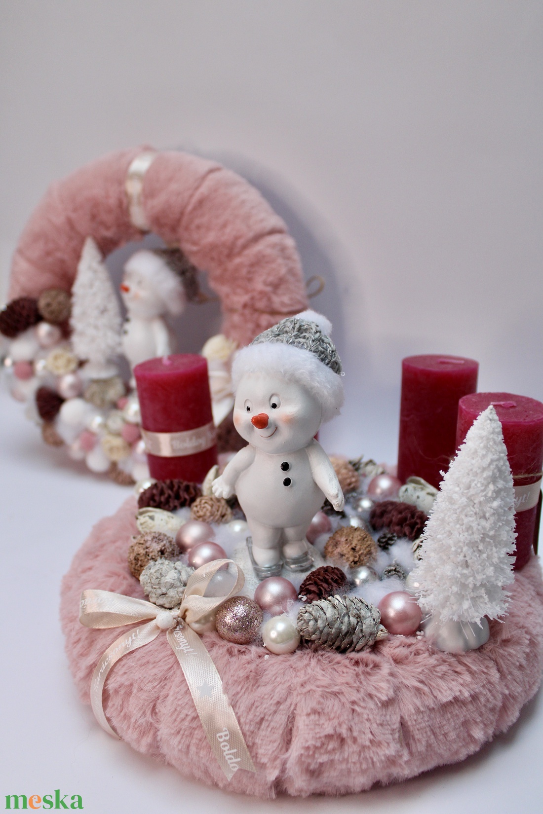 Rózsaszín alapú hóemberes szett - karácsony - adventi díszek - adventi asztaldísz - Meska.hu