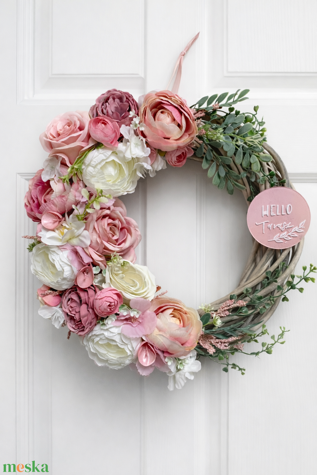 Tavaszi ajtódísz 35 cm-es pasztell rózsaszín - otthon & életmód - dekoráció - ajtó- és ablak dekoráció - ajtódísz & kopogtató - Meska.hu
