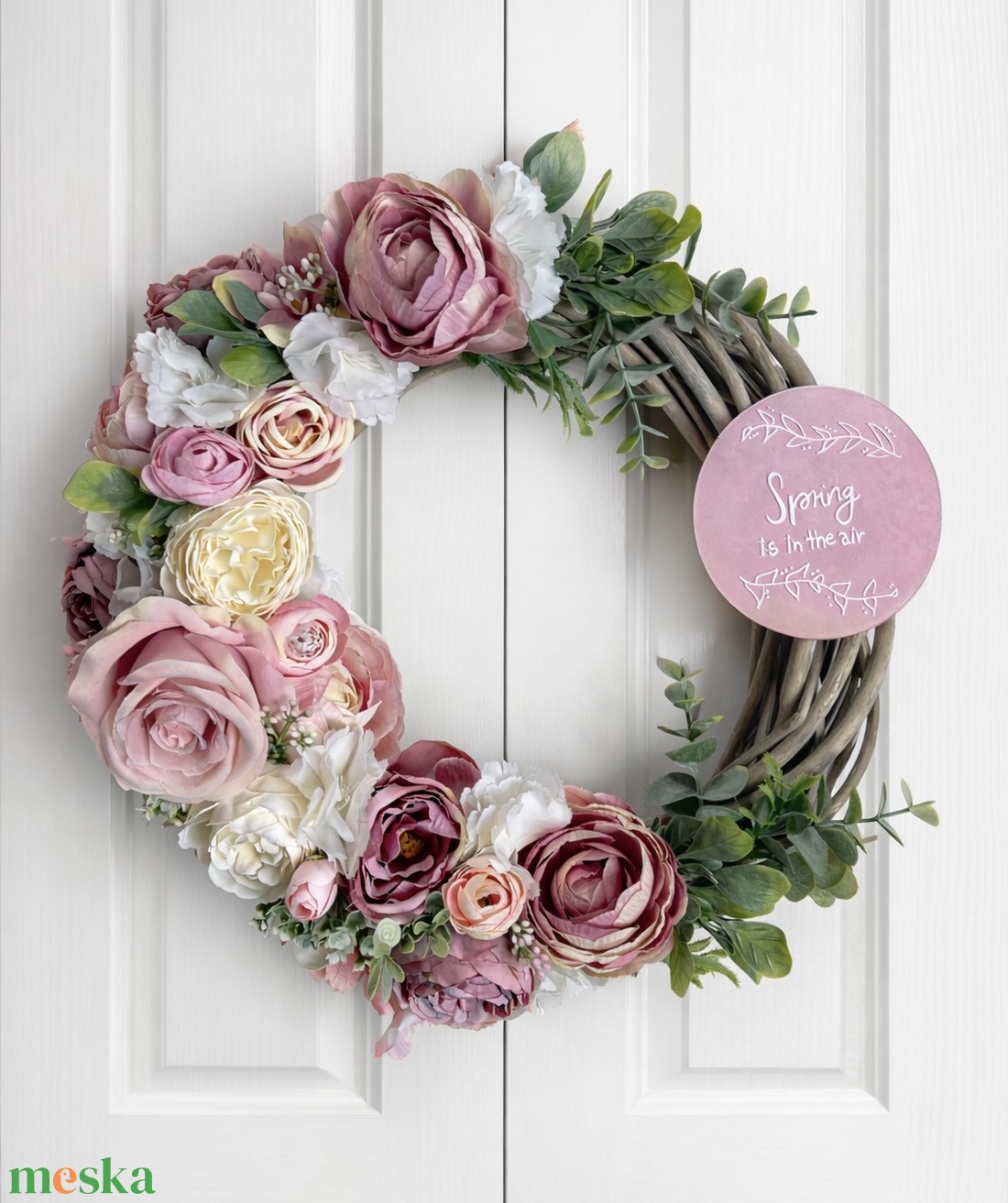 Tavaszi ajtódísz 35 cm-es pasztell rózsaszín - otthon & életmód - dekoráció - ajtó- és ablak dekoráció - ajtódísz & kopogtató - Meska.hu