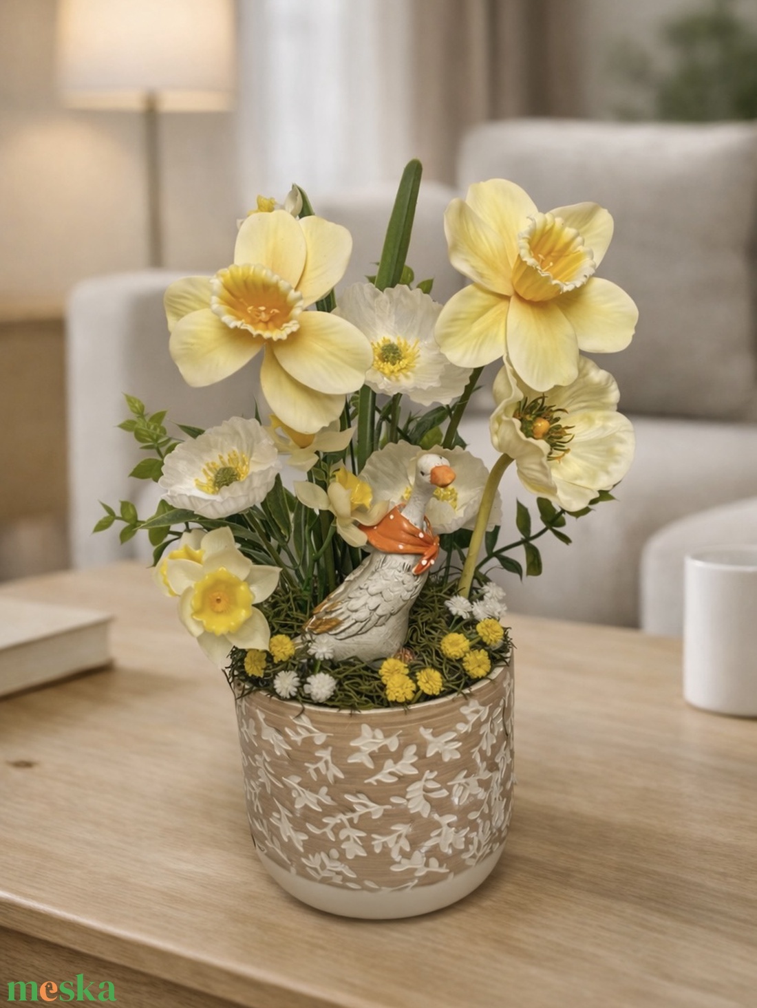 Tavaszi asztaldísz liba figurával - otthon & életmód - virágdekoráció - virágdíszek - virágdísz kaspóban - Meska.hu