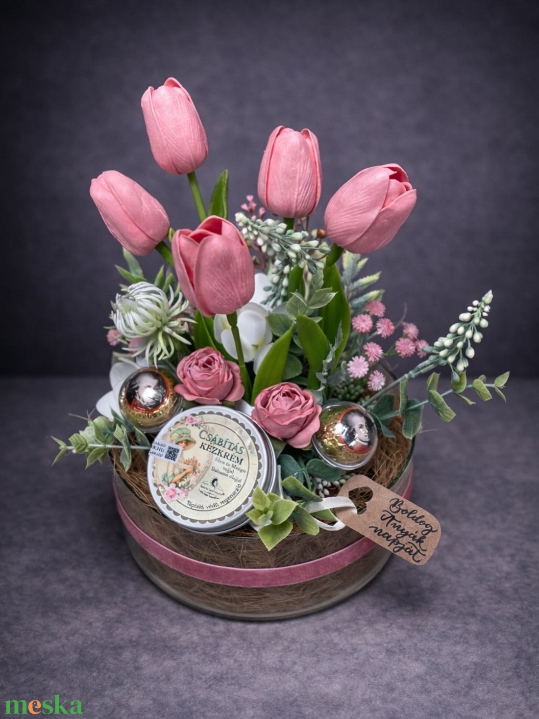 Prémium Anyák napi üvegtál (nagy) naturkozmetikummal - otthon & életmód - virágdekoráció - virágok - virágbox - Meska.hu