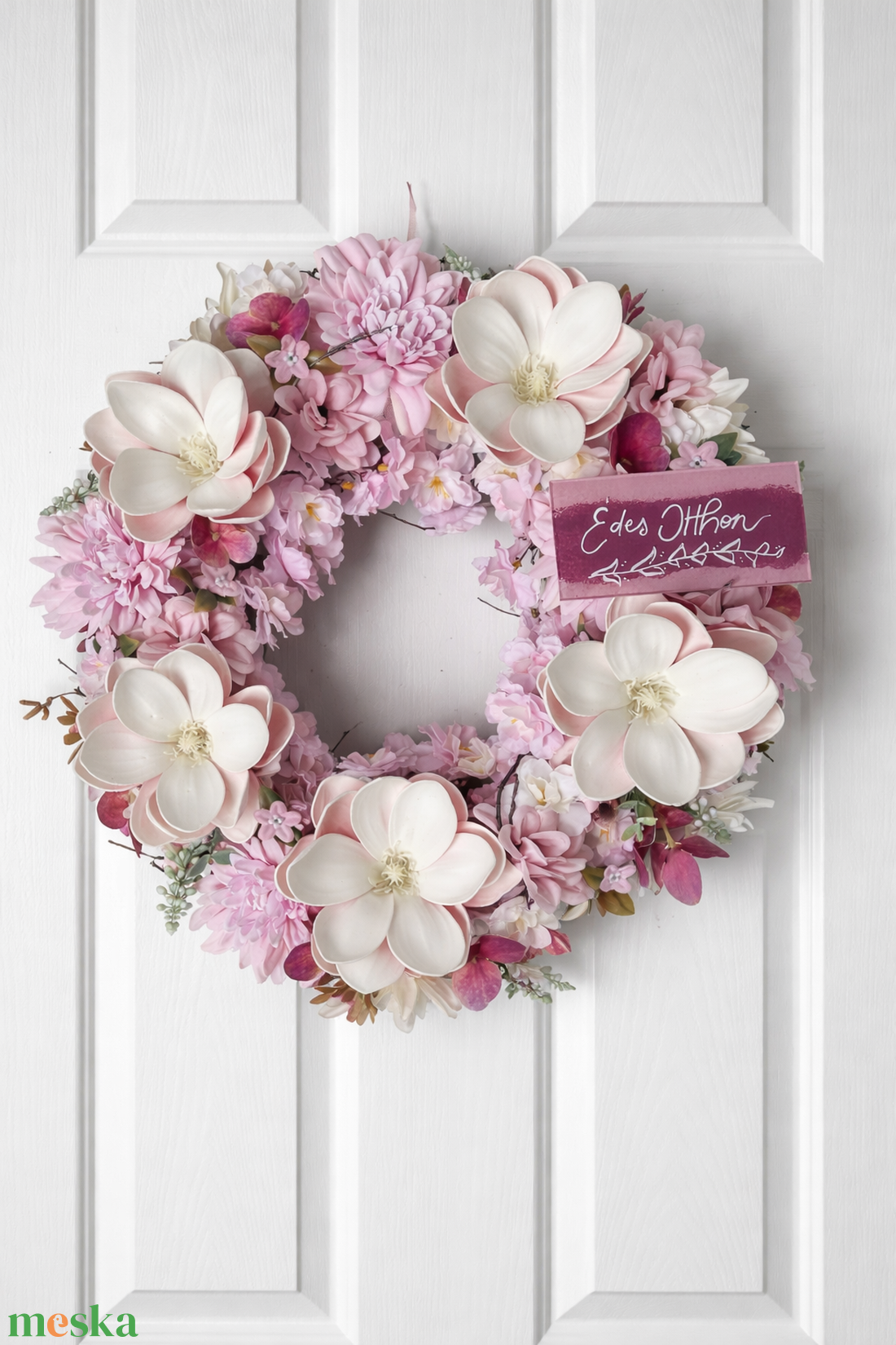 Tavaszi magnóliás ajtódísz 38 cm-es - otthon & életmód - dekoráció - ajtó- és ablak dekoráció - ajtódísz & kopogtató - Meska.hu