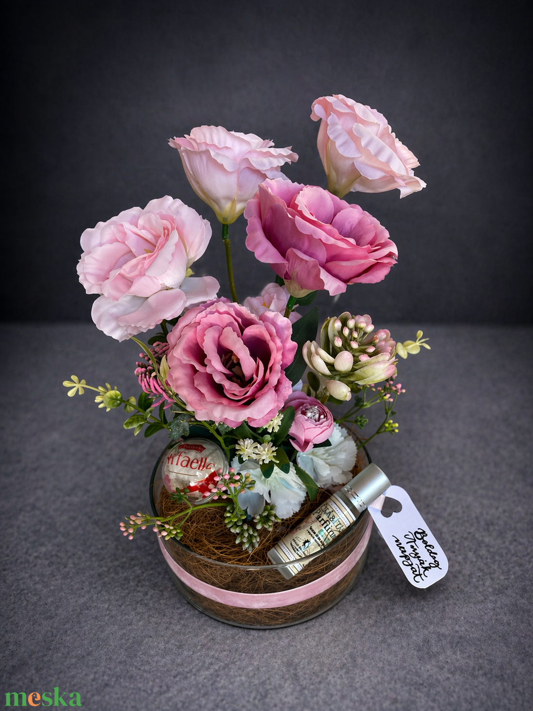 Prémium üvegtálas  virág dekoráció naturkozmetikummal - otthon & életmód - virágdekoráció - virágdíszek - asztali virágdísz - Meska.hu