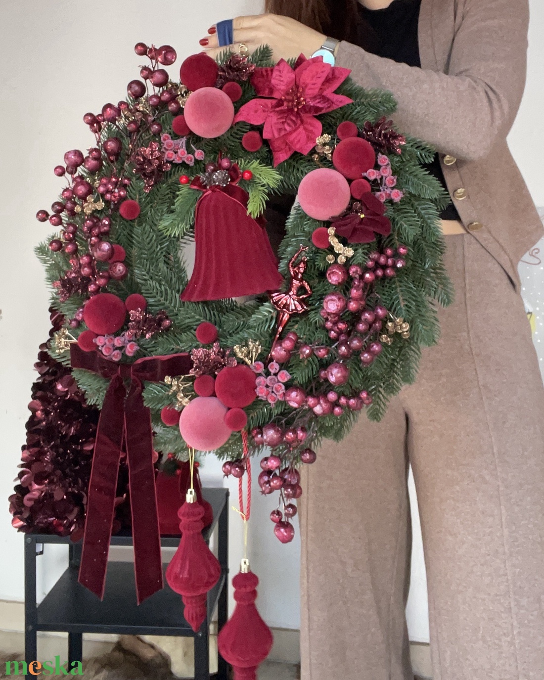 Elegáns bordó bársony ajtódísz 55 cm - karácsony - adventi díszek - adventi ajtódísz - Meska.hu