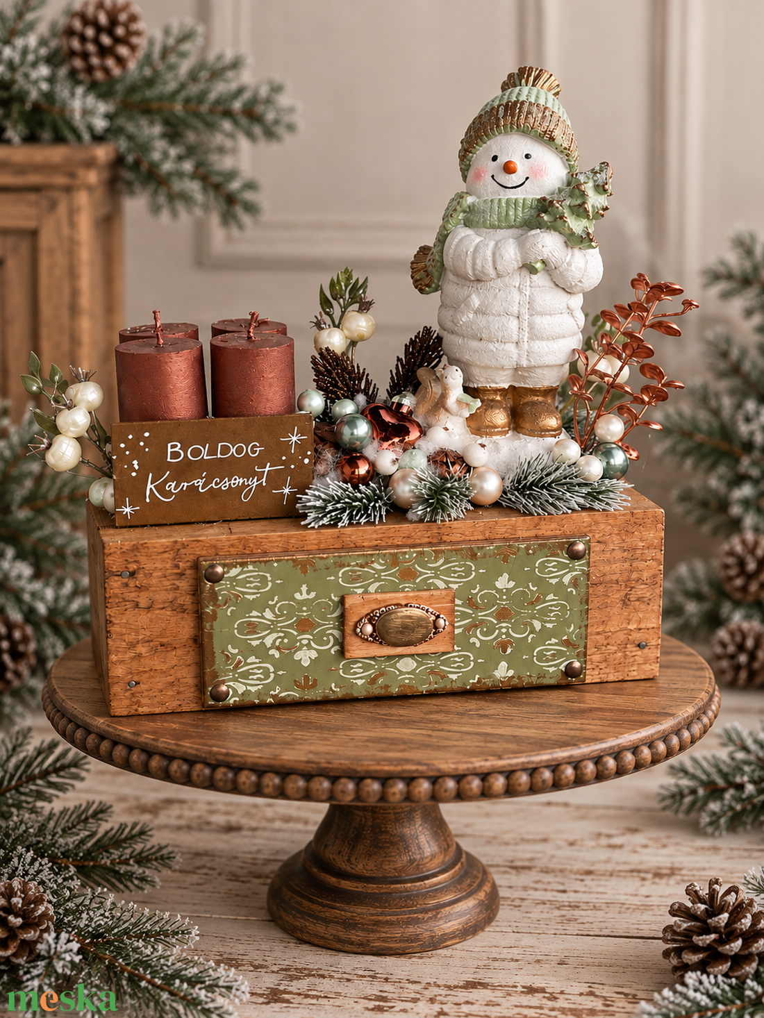 Hóemberes adventi asztaldísz bronz/zöld - karácsony - adventi díszek - adventi asztaldísz - Meska.hu