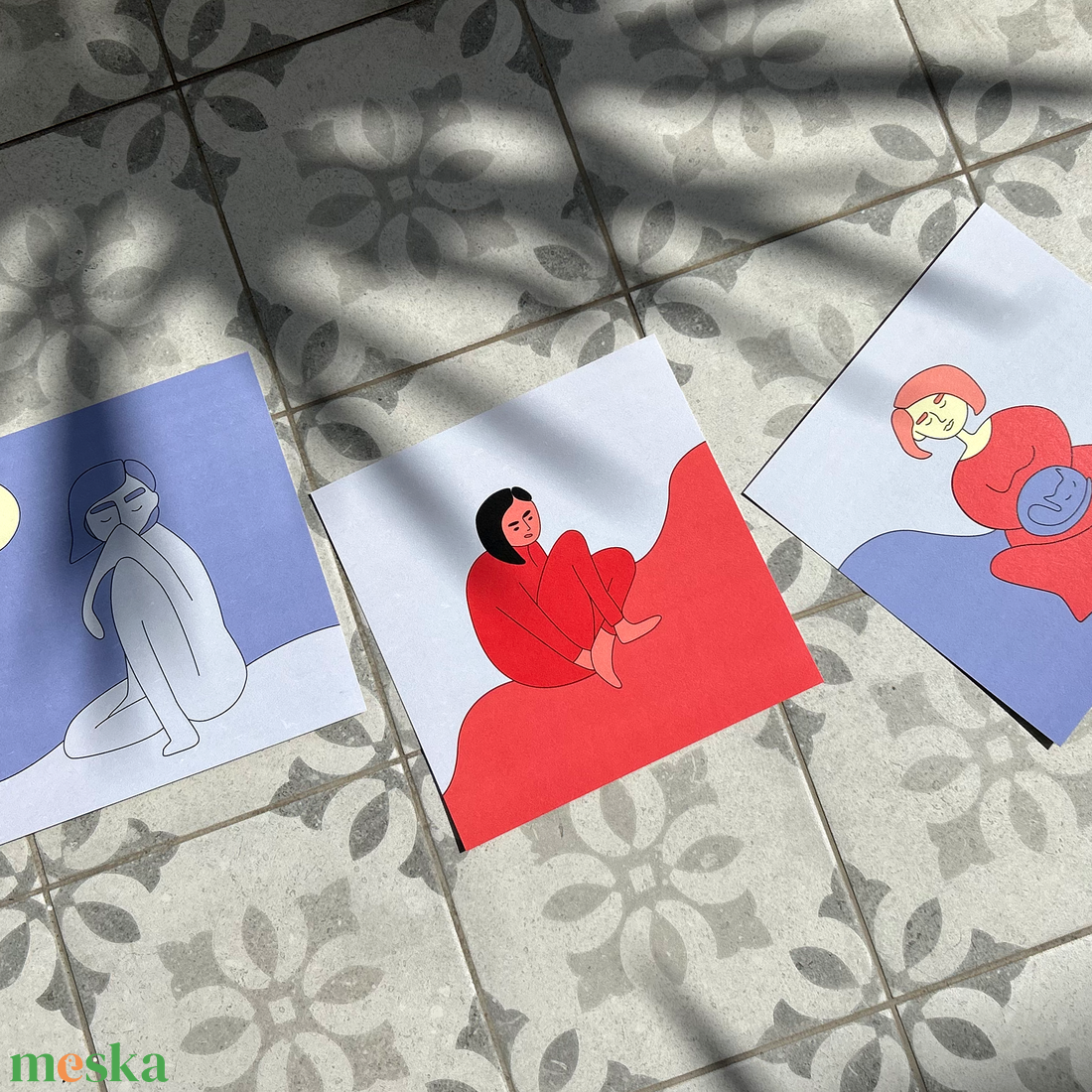 Illusztráció - lány, hold, macska - 3 db - művészet - grafika & illusztráció - művészi nyomat - Meska.hu