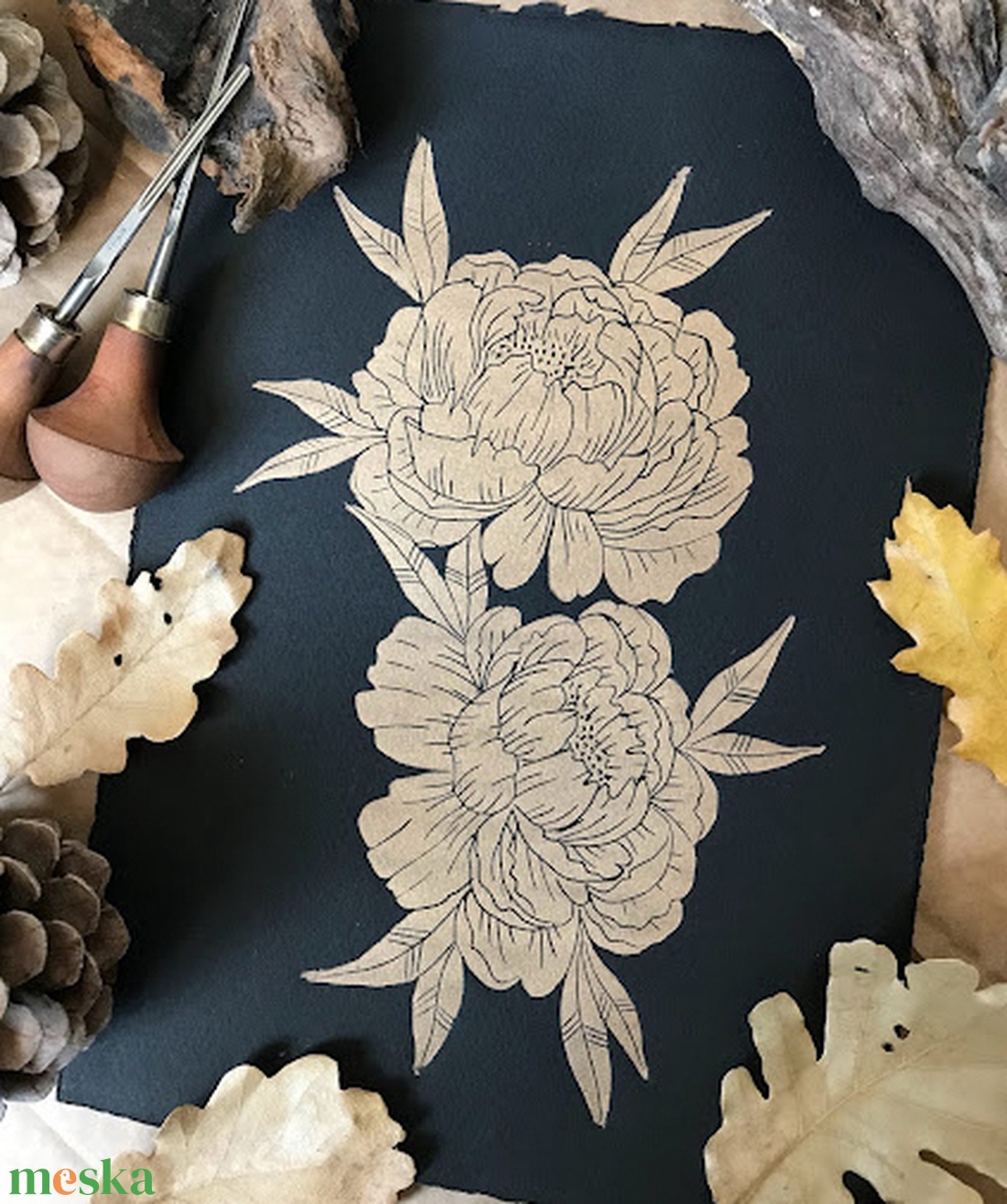 Gold Peony Linónyomat/Linóprint - művészet - grafika & illusztráció - művészi nyomat - Meska.hu