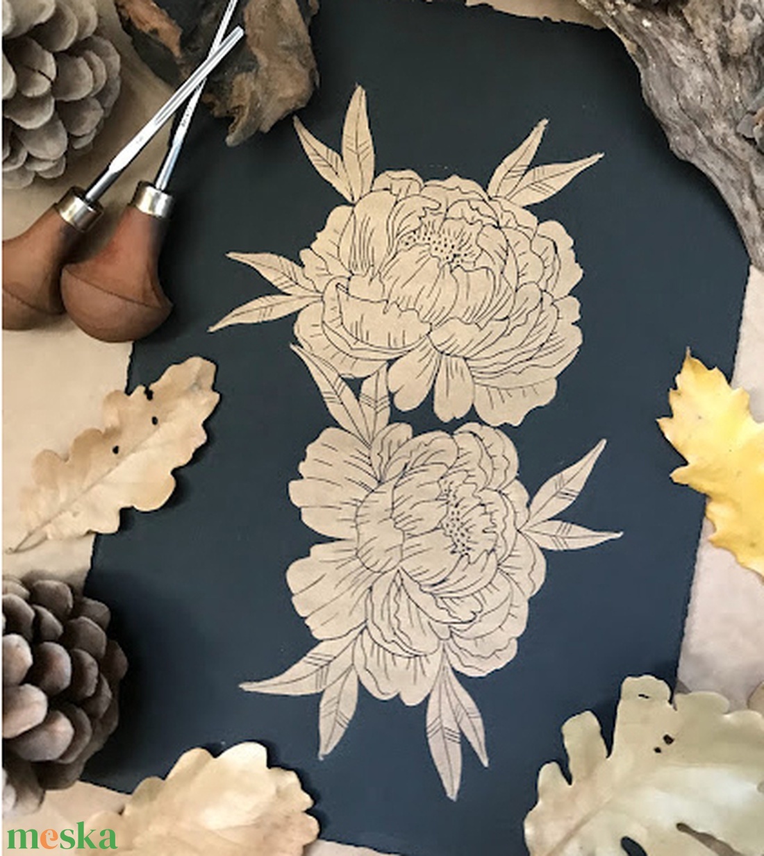 Gold Peony Linónyomat/Linóprint - művészet - grafika & illusztráció - művészi nyomat - Meska.hu
