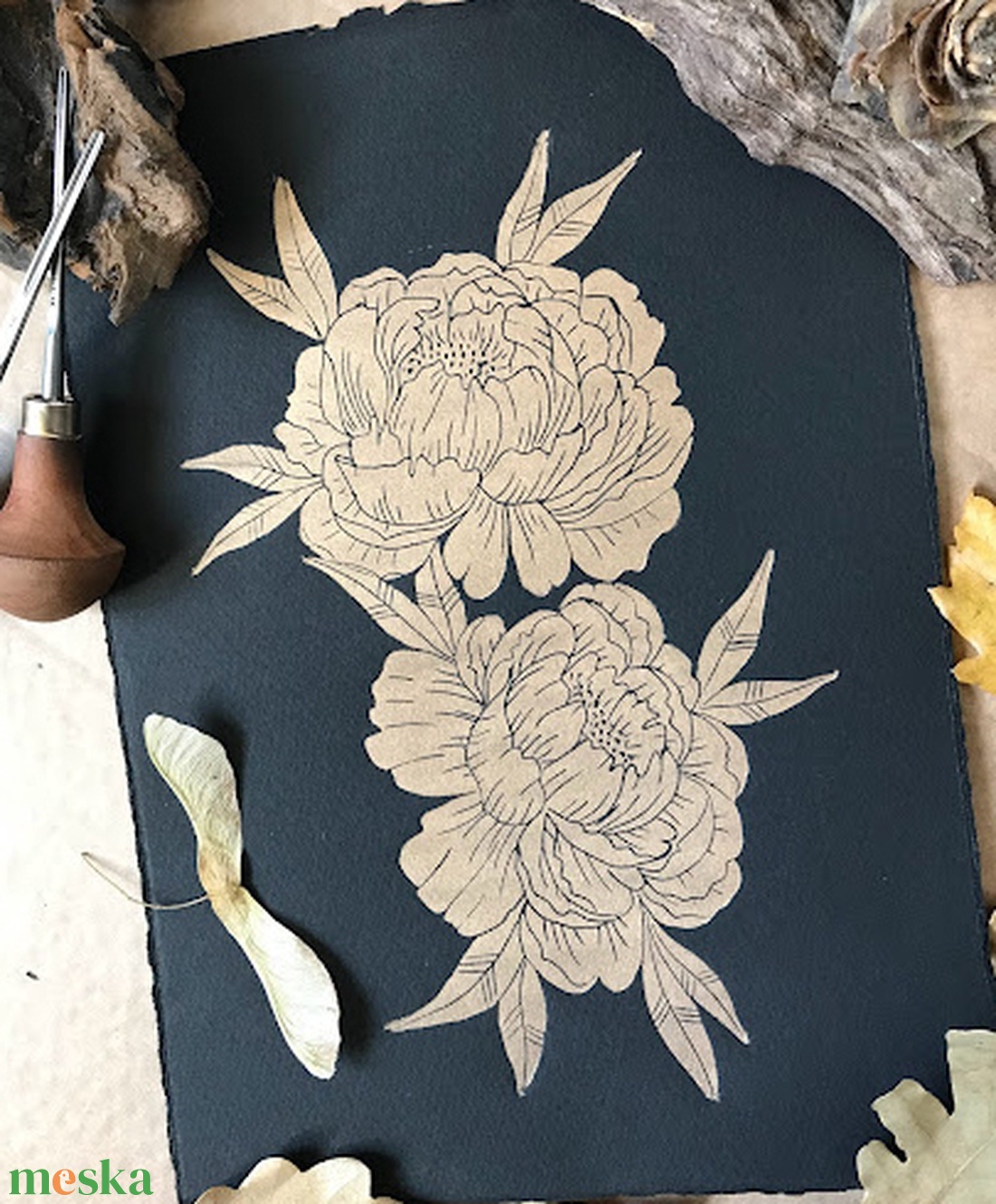 Gold Peony Linónyomat/Linóprint - művészet - grafika & illusztráció - művészi nyomat - Meska.hu