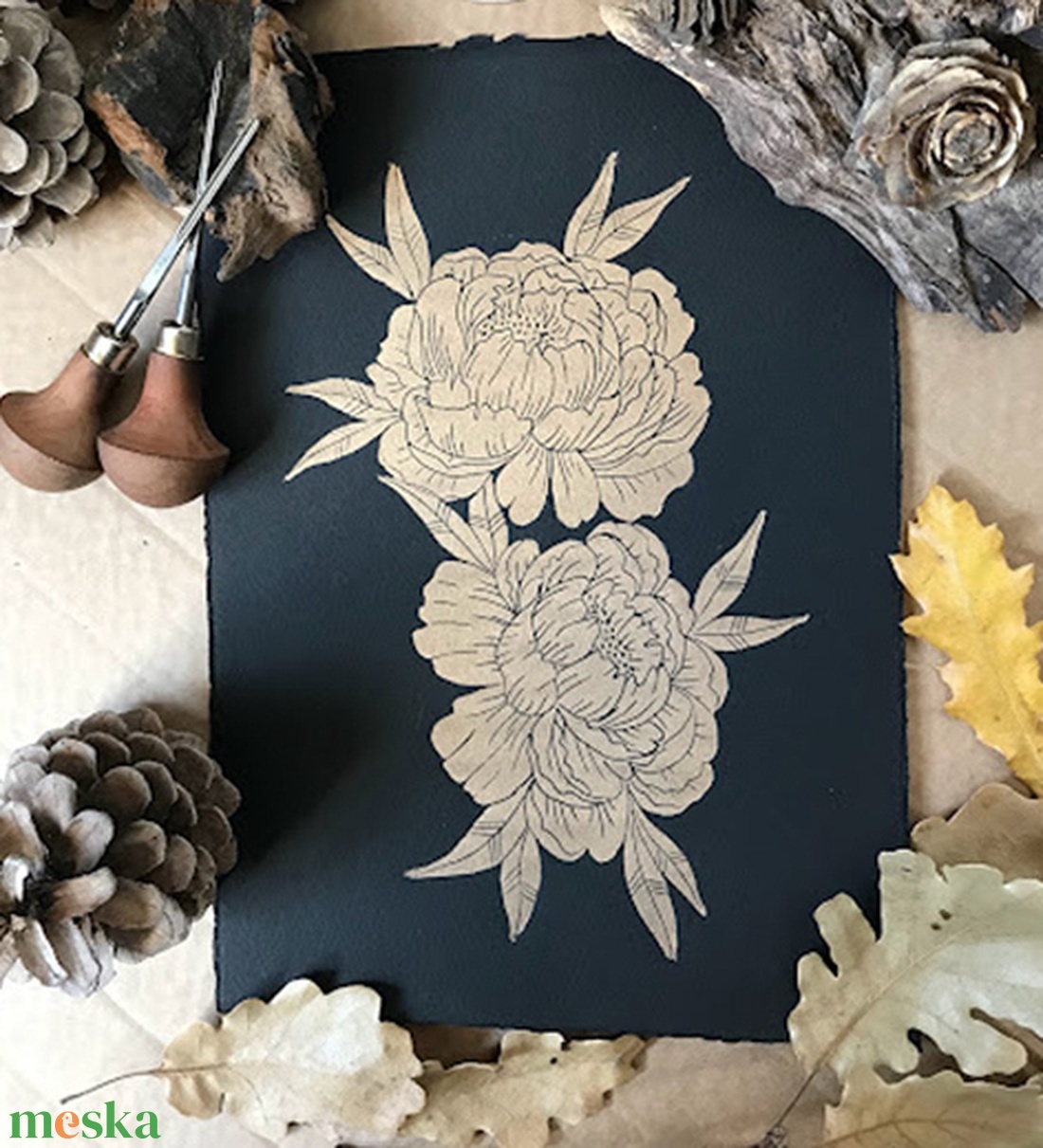 Gold Peony Linónyomat/Linóprint - művészet - grafika & illusztráció - művészi nyomat - Meska.hu