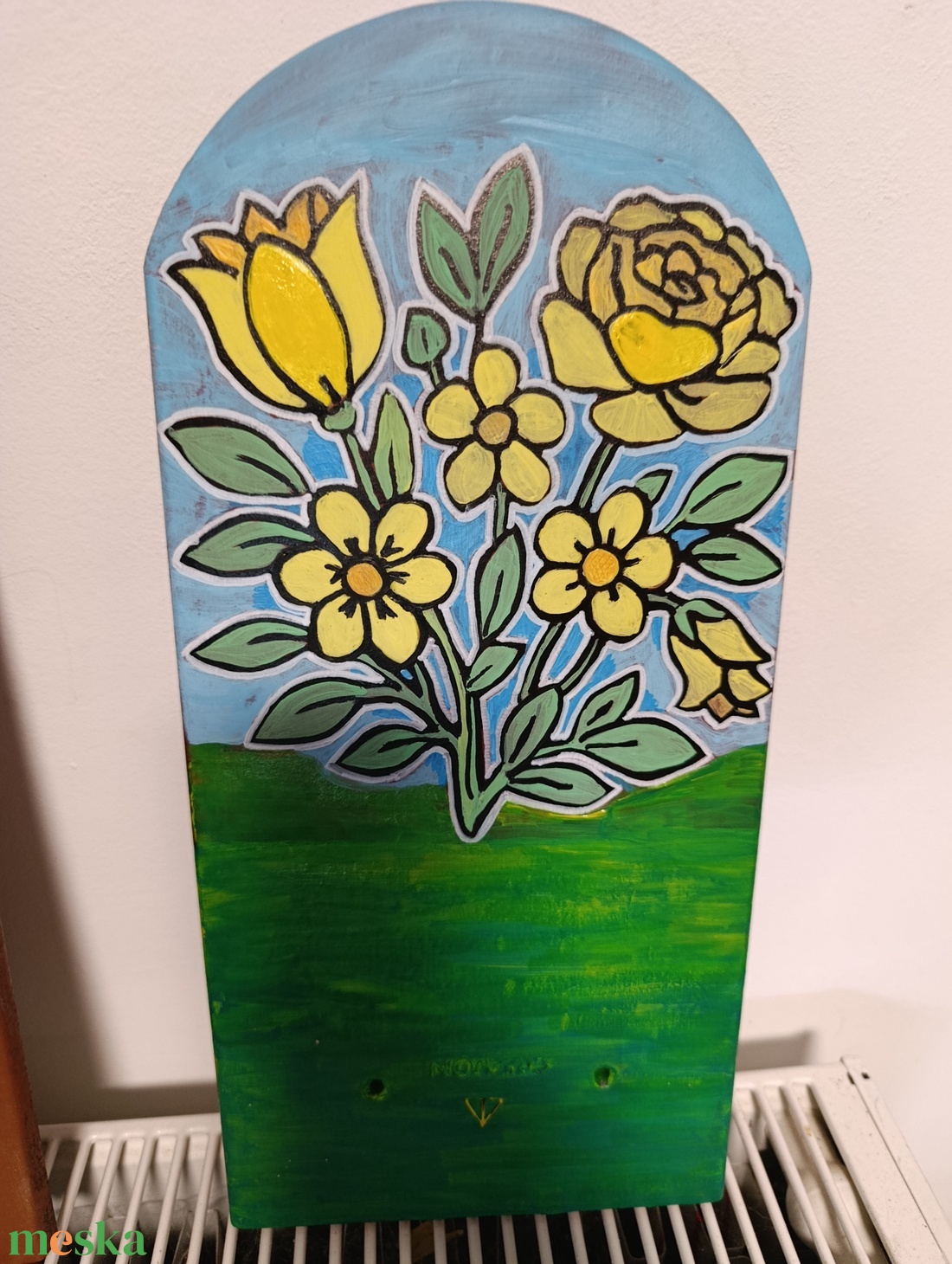 Házszám cserép - sárga virágokkal, zöld talajjal - otthon & életmód - ház & kert - házszám - Meska.hu