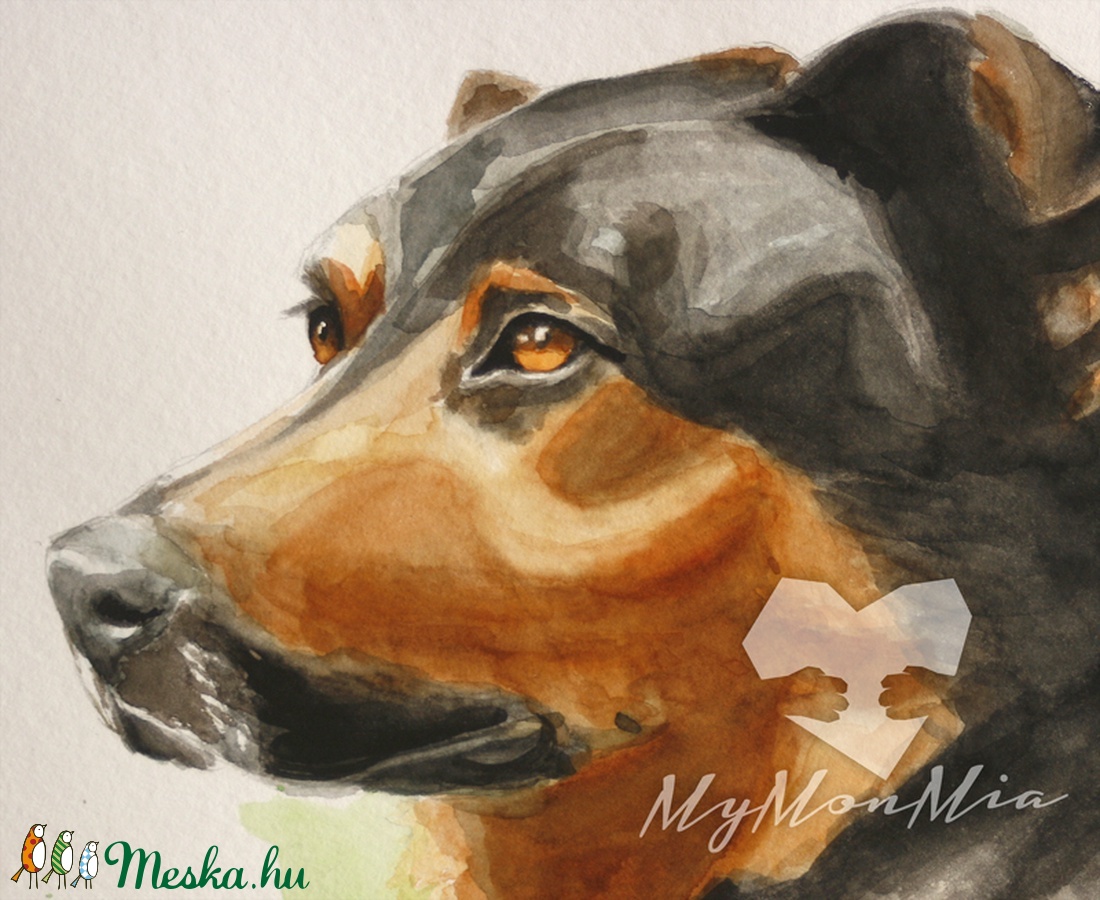 Rottweiler portré - Akvarell festmény - művészet - festmény - akvarell - Meska.hu