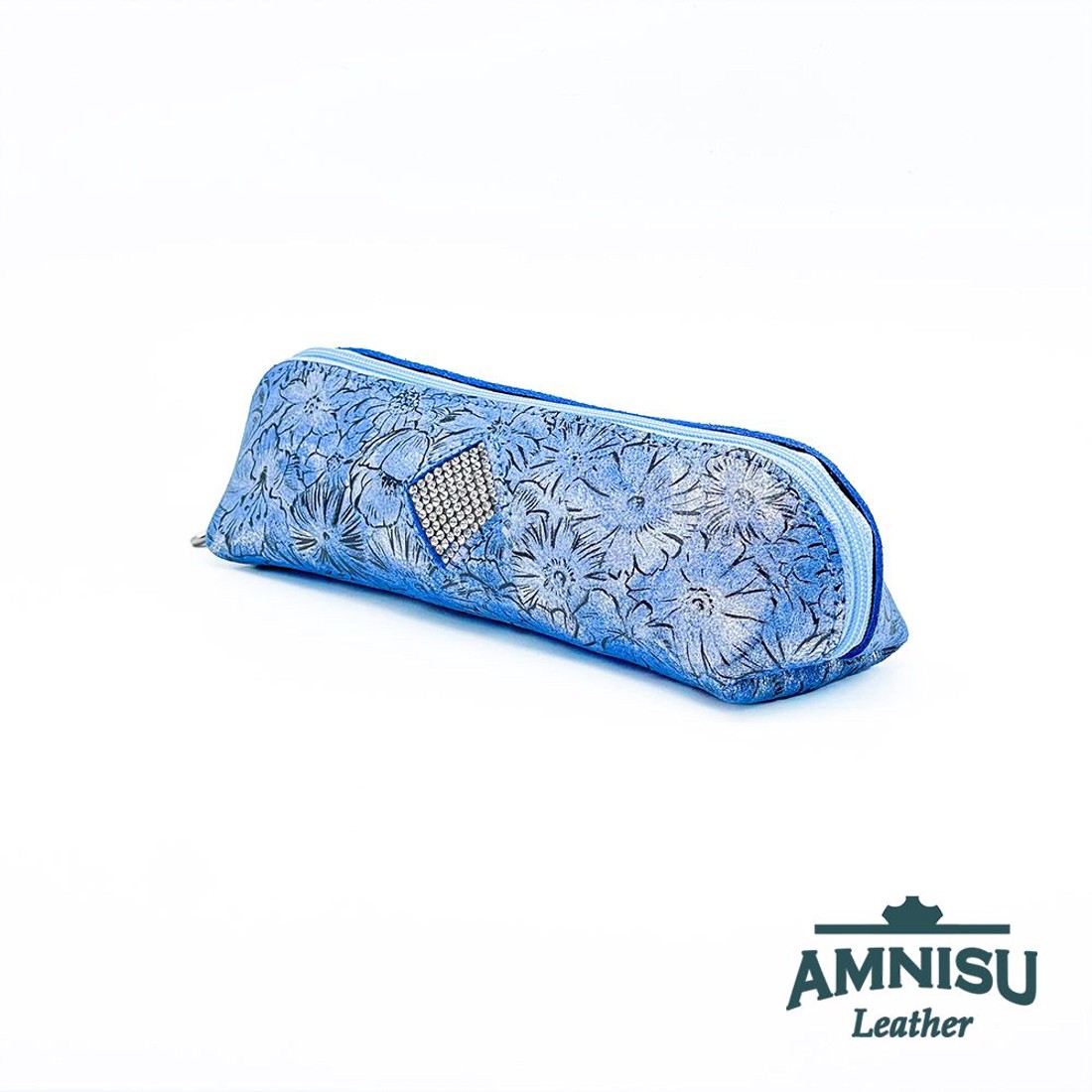 Kék virág mintás rombusz swarovski köves bőr neszeszer / tolltartó K6017 - táska & tok - neszesszer - Meska.hu